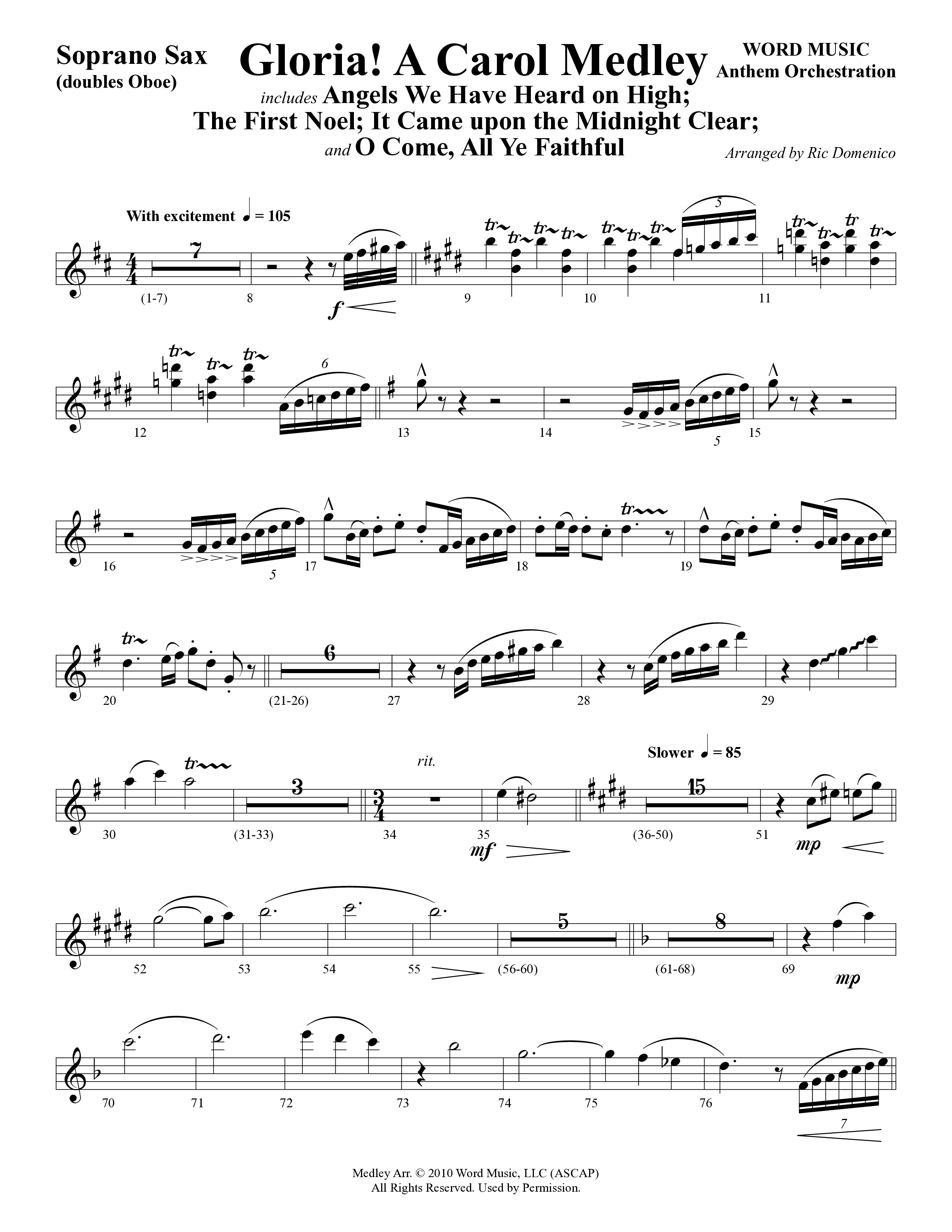 Gloria A Carol Medley (Choral Anthem SATB) Soprano Sax (Word Music Choral / Arr. Ric Domenico)