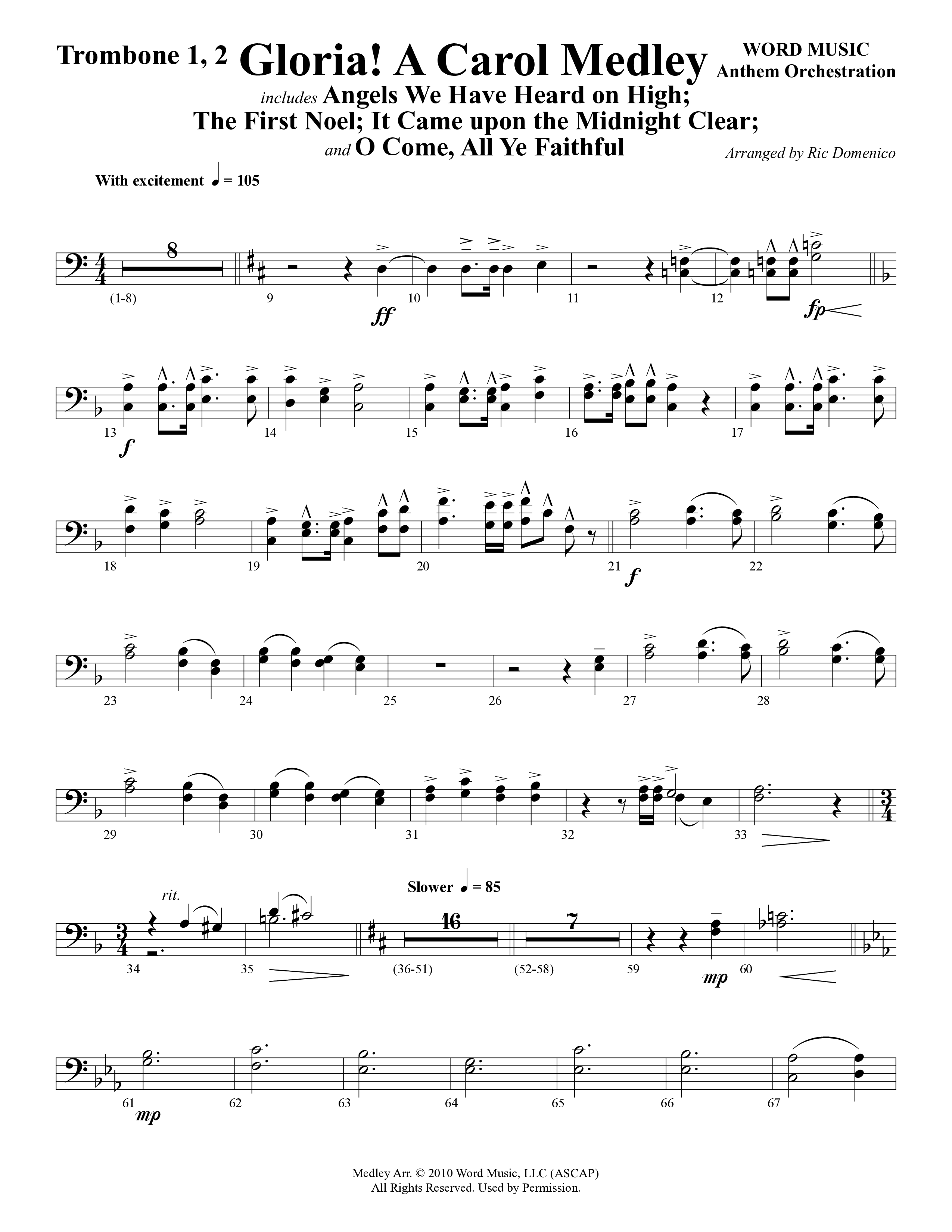 Gloria A Carol Medley (Choral Anthem SATB) Trombone 1/2 (Word Music Choral / Arr. Ric Domenico)