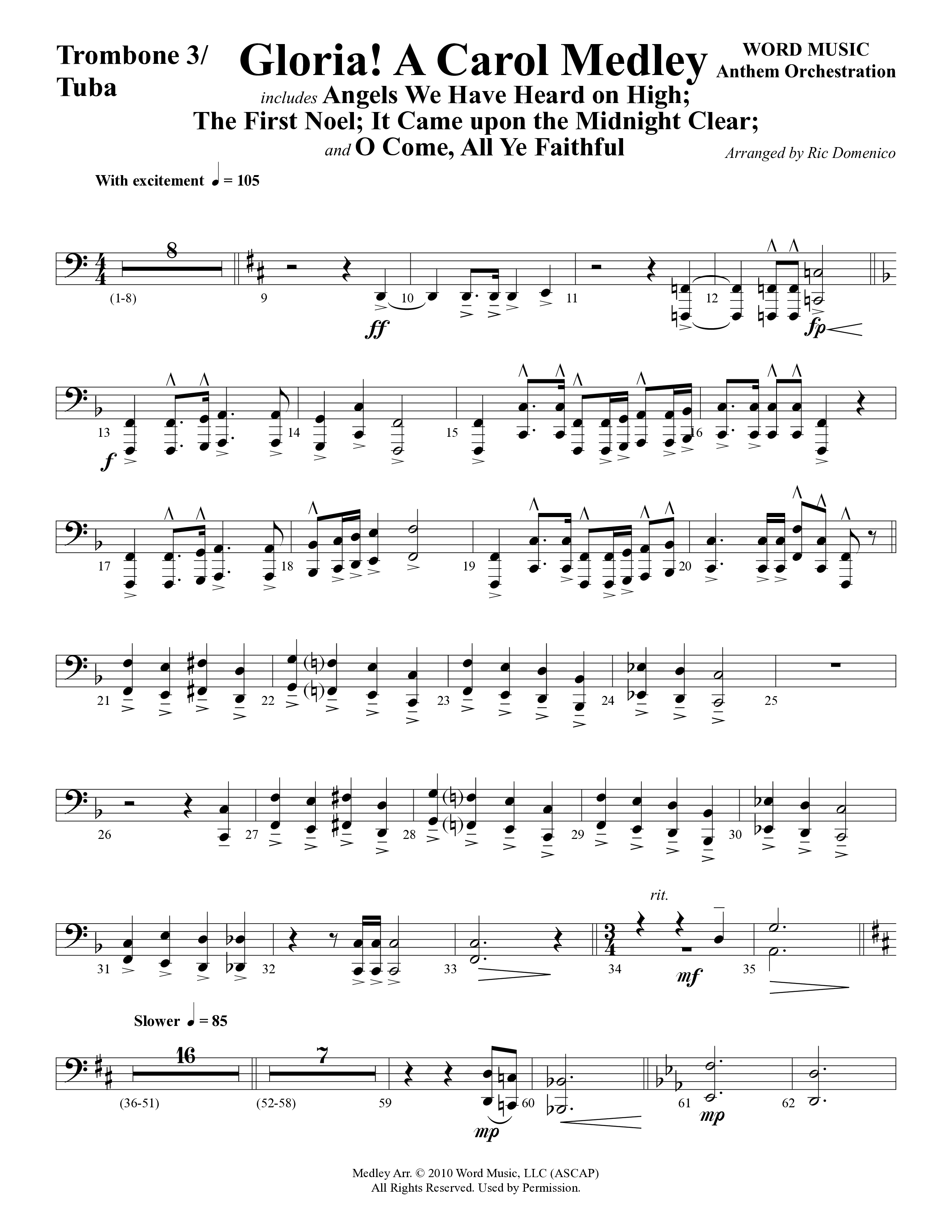 Gloria A Carol Medley (Choral Anthem SATB) Trombone 3/Tuba (Word Music Choral / Arr. Ric Domenico)