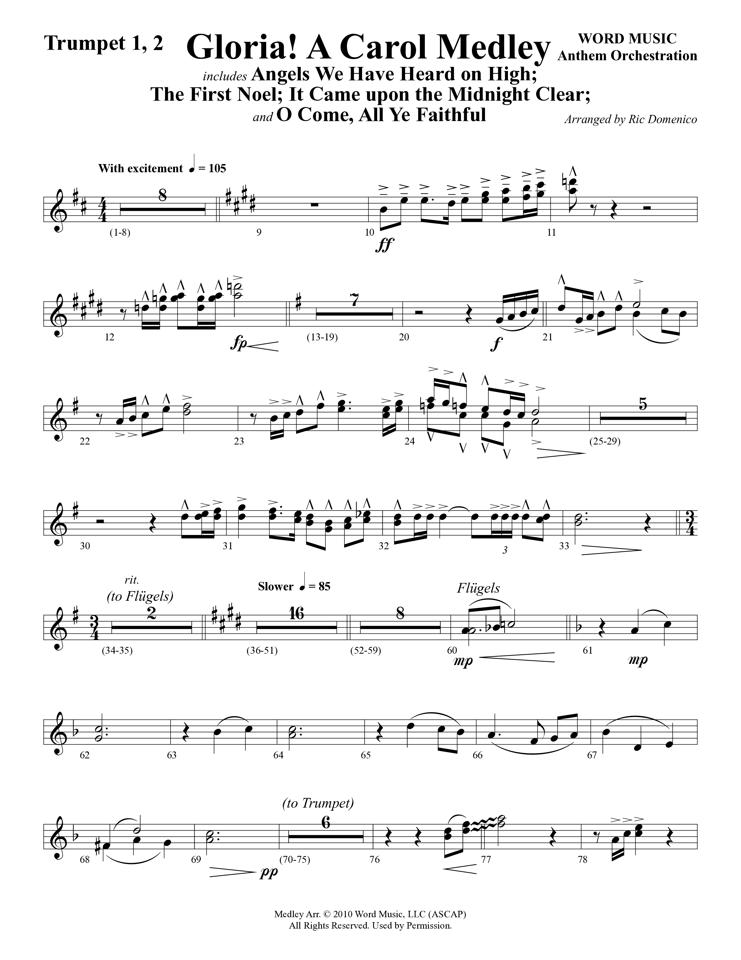 Gloria A Carol Medley (Choral Anthem SATB) Trumpet 1,2 (Word Music Choral / Arr. Ric Domenico)