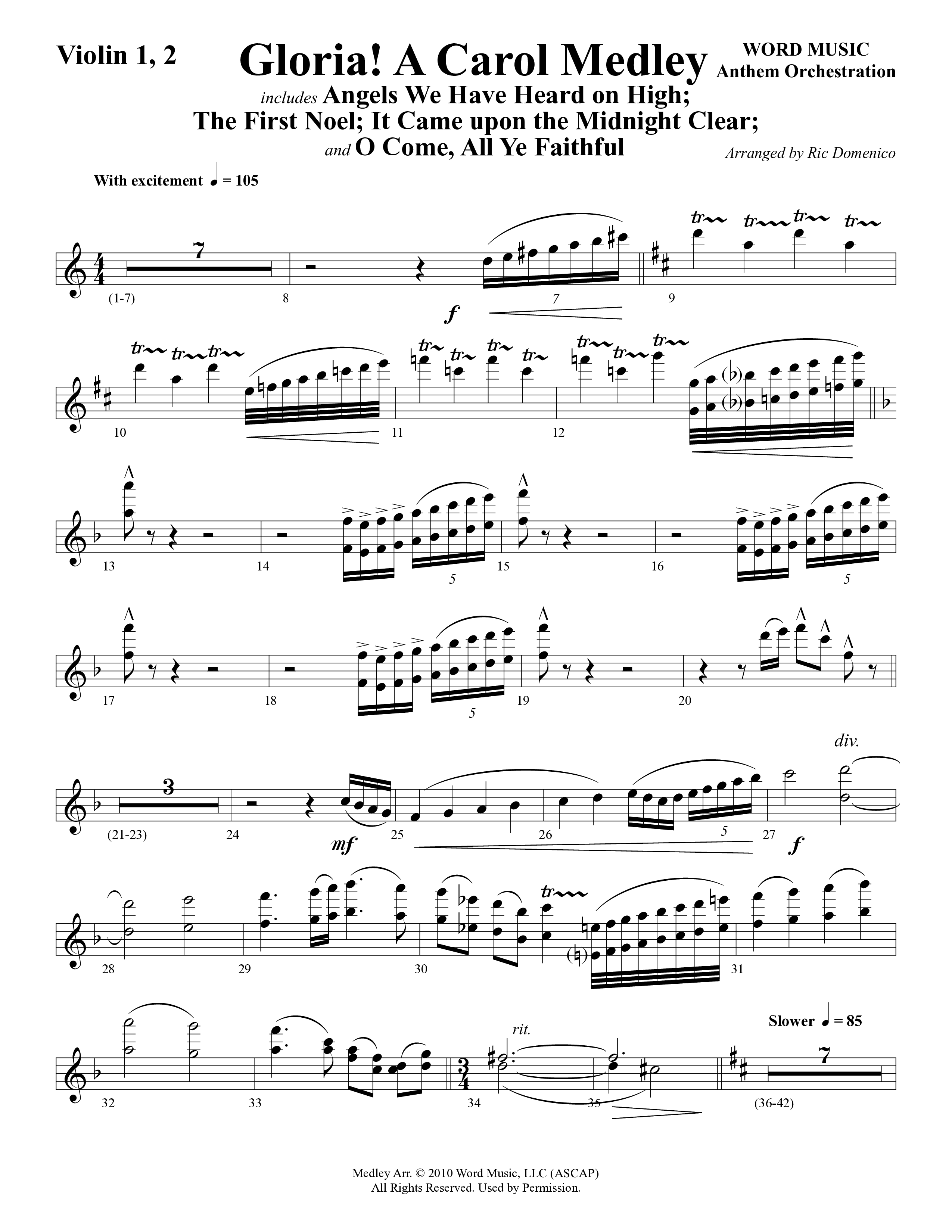 Gloria A Carol Medley (Choral Anthem SATB) Violin 1/2 (Word Music Choral / Arr. Ric Domenico)
