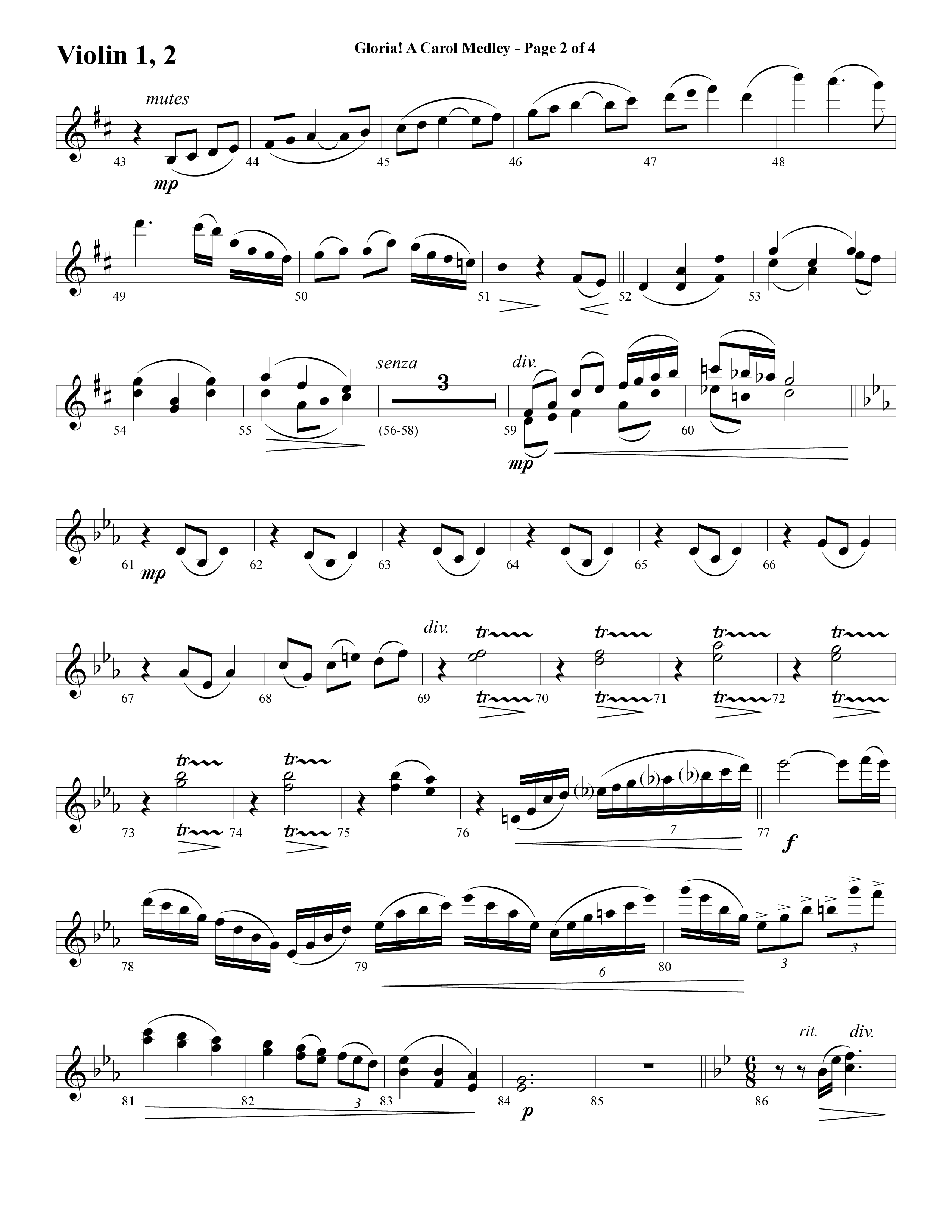 Gloria A Carol Medley (Choral Anthem SATB) Violin 1/2 (Word Music Choral / Arr. Ric Domenico)