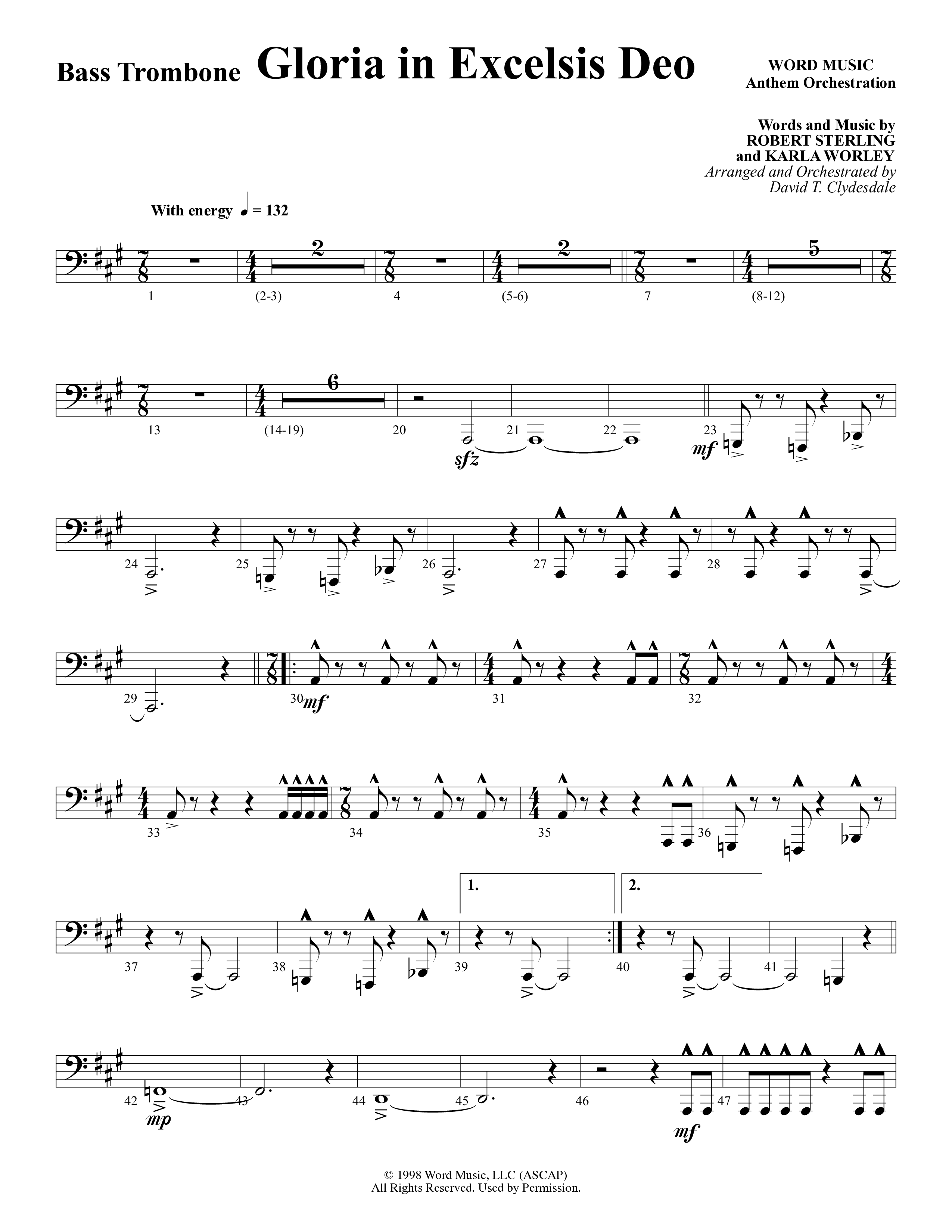 Gloria In Excelsis Deo (Choral Anthem SATB) Bass Trombone (Word Music Choral / Arr. David Clydesdale)