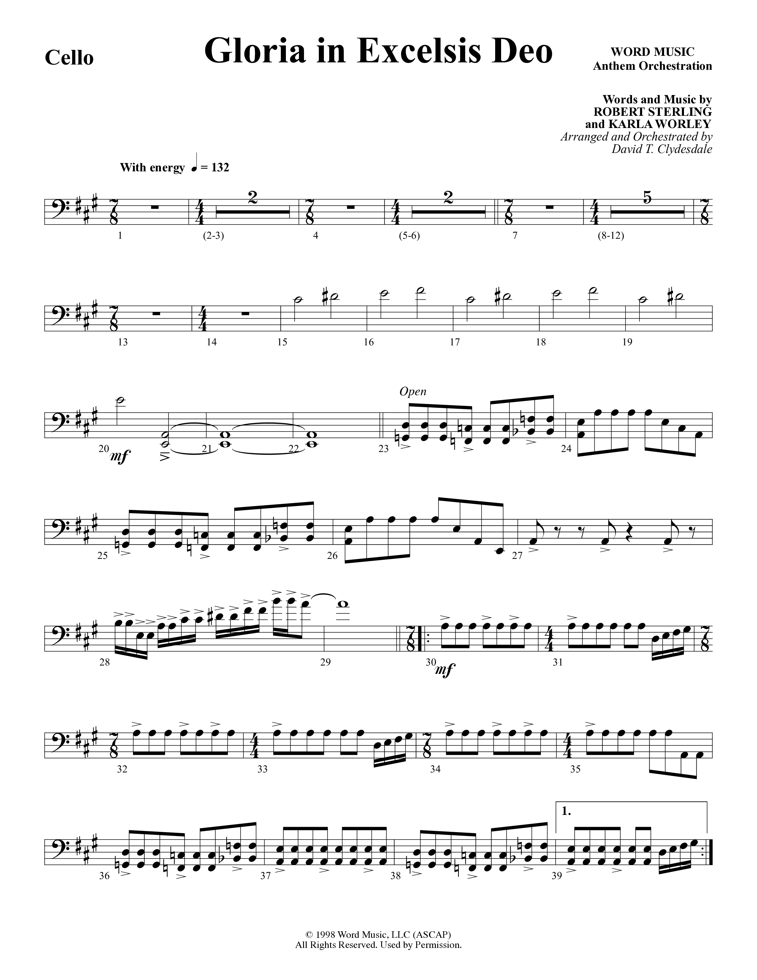 Gloria In Excelsis Deo (Choral Anthem SATB) Cello (Word Music Choral / Arr. David Clydesdale)