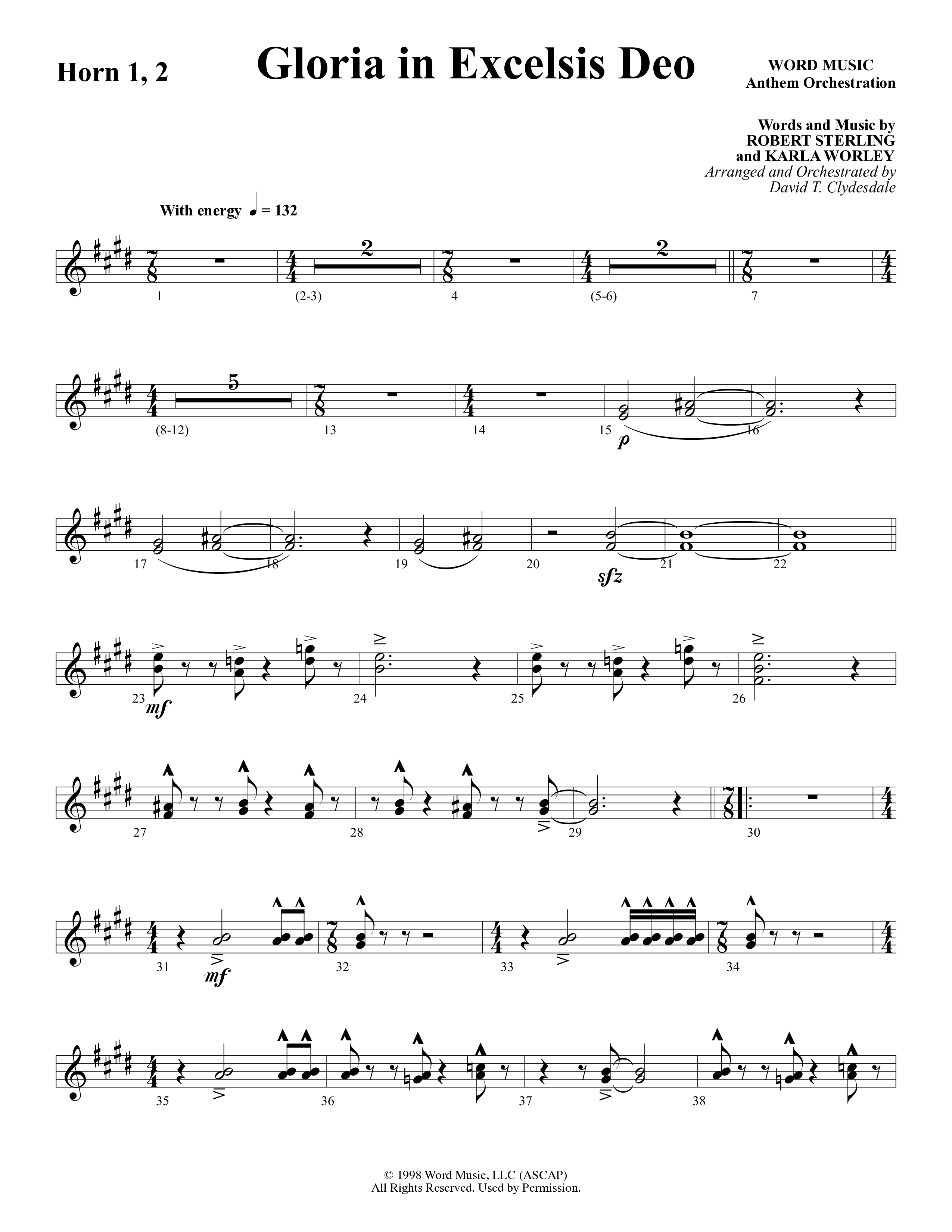 Gloria In Excelsis Deo (Choral Anthem SATB) French Horn 1/2 (Word Music Choral / Arr. David Clydesdale)