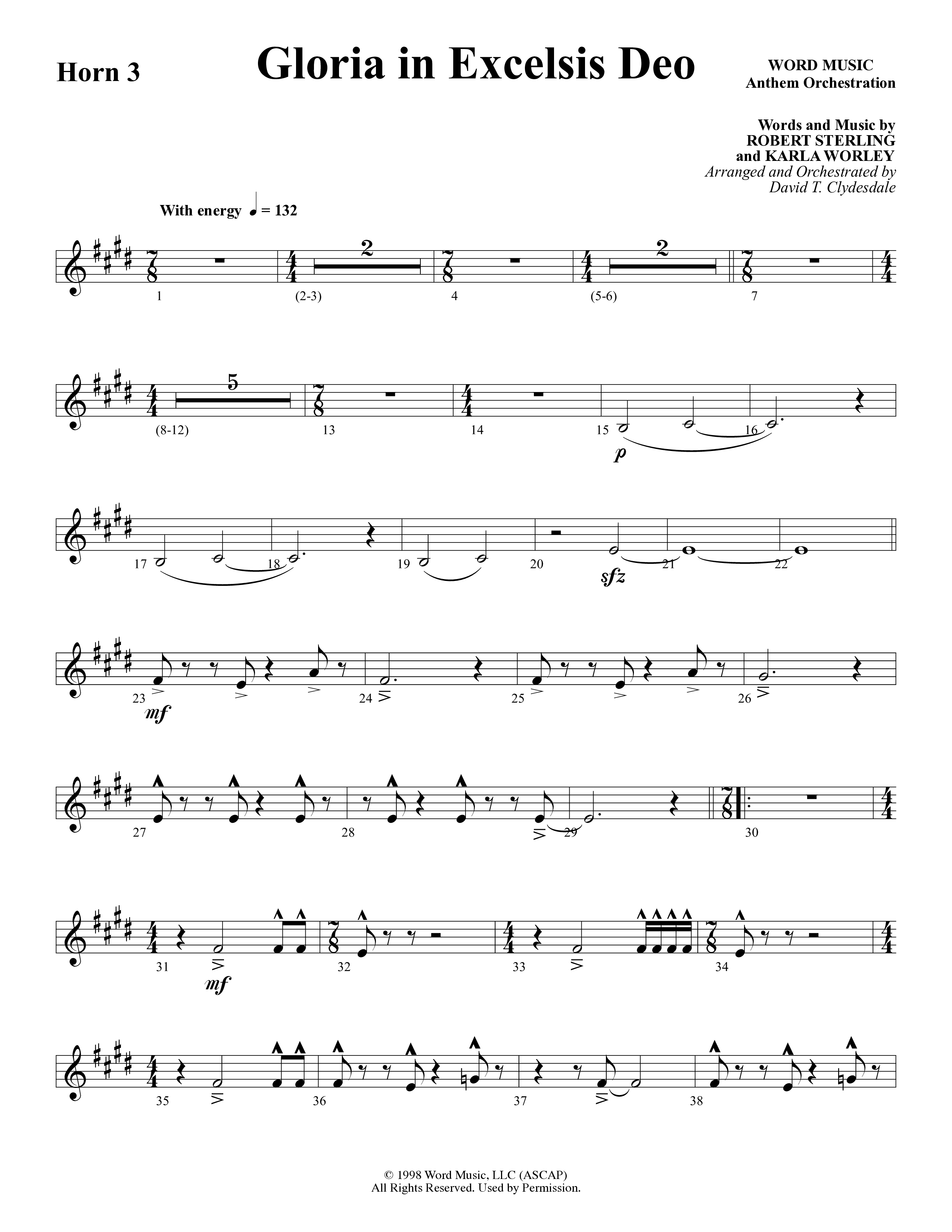 Gloria In Excelsis Deo (Choral Anthem SATB) French Horn 3 (Word Music Choral / Arr. David Clydesdale)