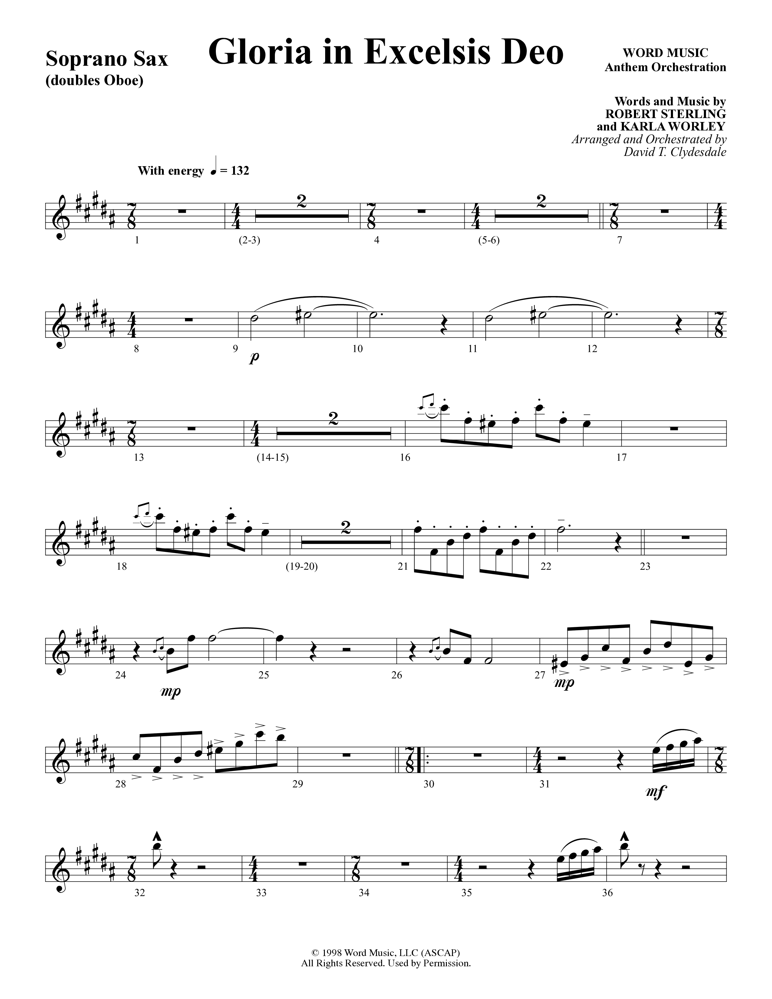 Gloria In Excelsis Deo (Choral Anthem SATB) Soprano Sax (Word Music Choral / Arr. David Clydesdale)