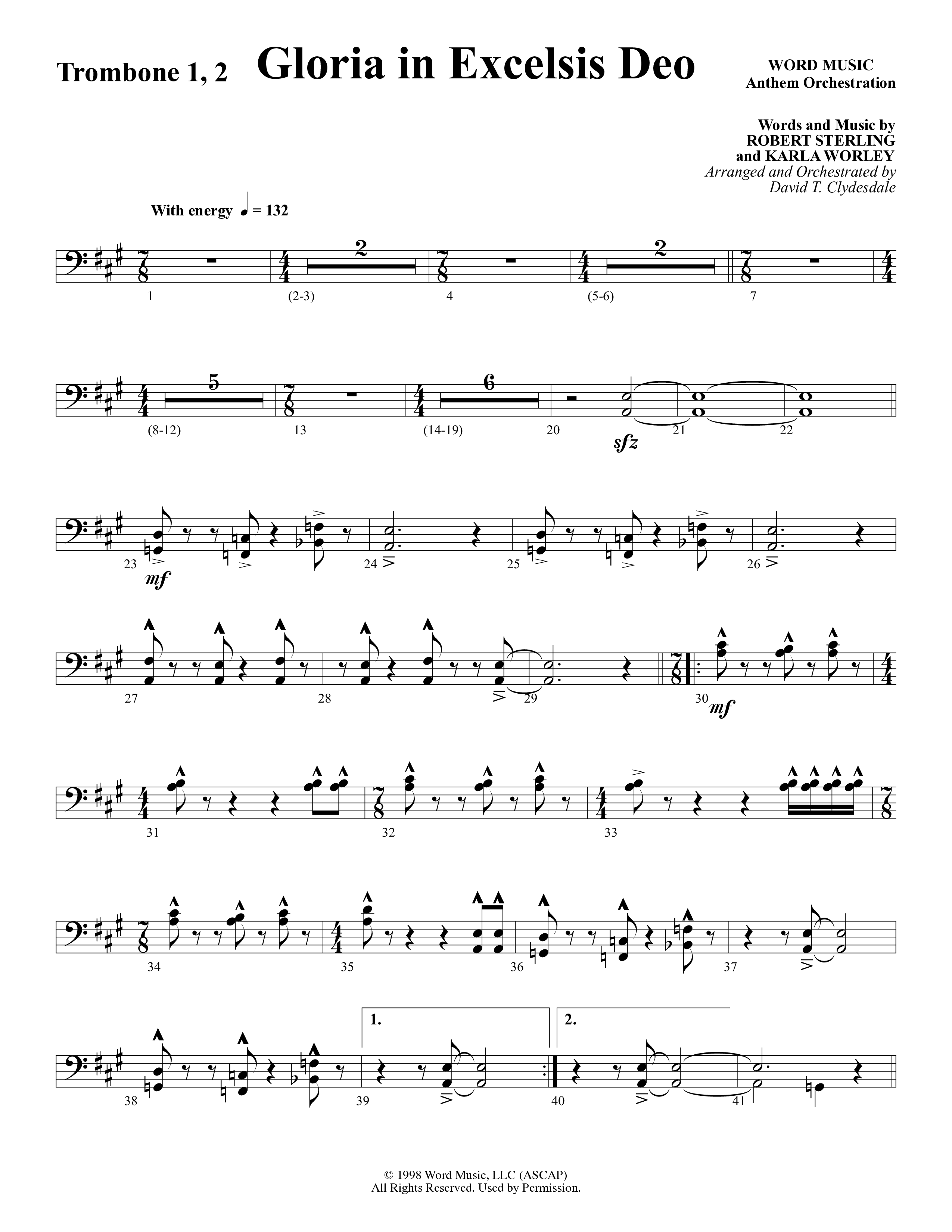 Gloria In Excelsis Deo (Choral Anthem SATB) Trombone 1/2 (Word Music Choral / Arr. David Clydesdale)