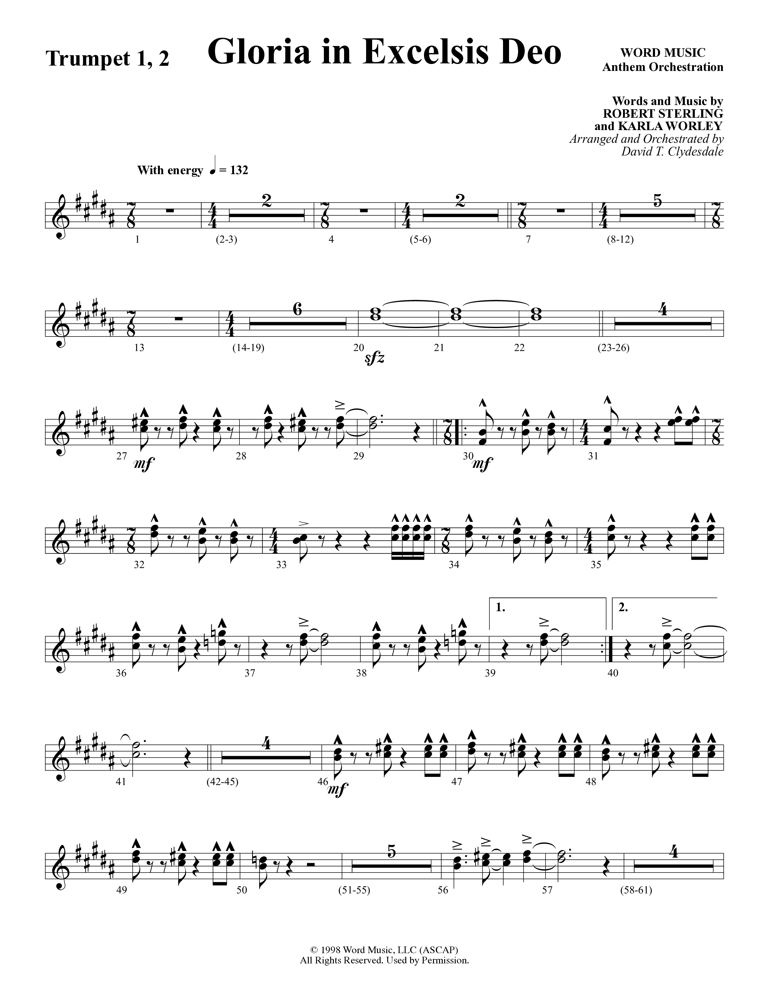 Gloria In Excelsis Deo (Choral Anthem SATB) Trumpet 1,2 (Word Music Choral / Arr. David Clydesdale)