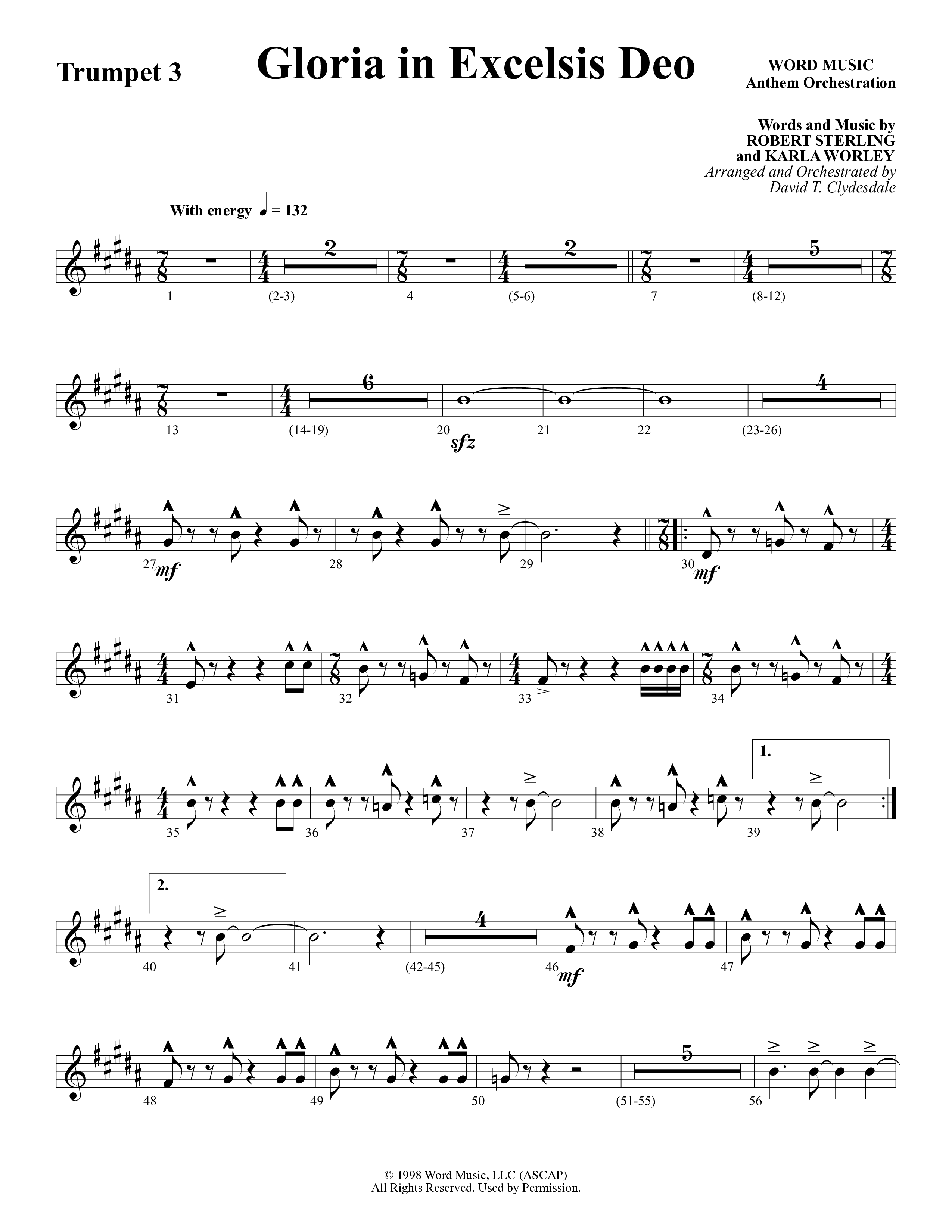 Gloria In Excelsis Deo (Choral Anthem SATB) Trumpet 3 (Word Music Choral / Arr. David Clydesdale)