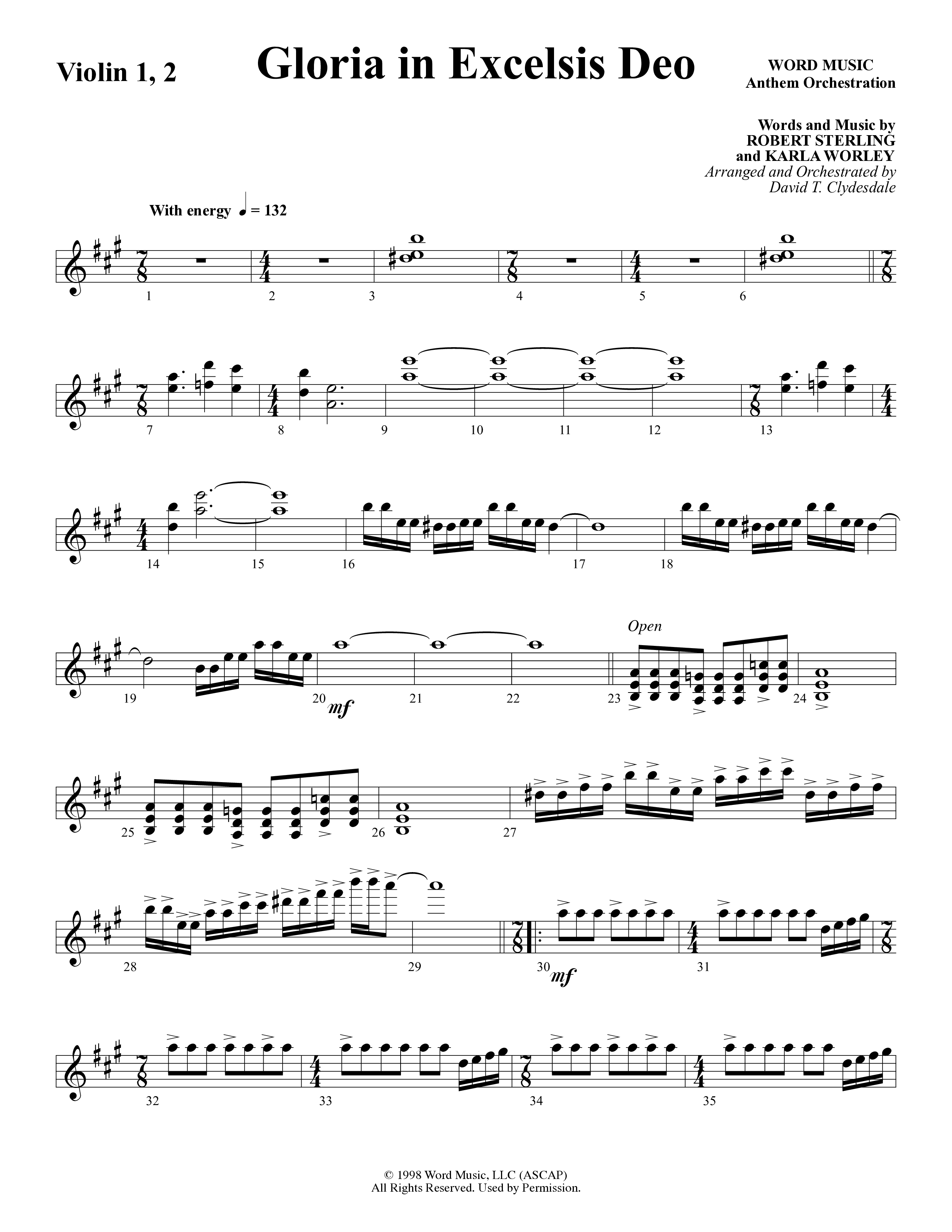 Gloria In Excelsis Deo (Choral Anthem SATB) Violin 1/2 (Word Music Choral / Arr. David Clydesdale)