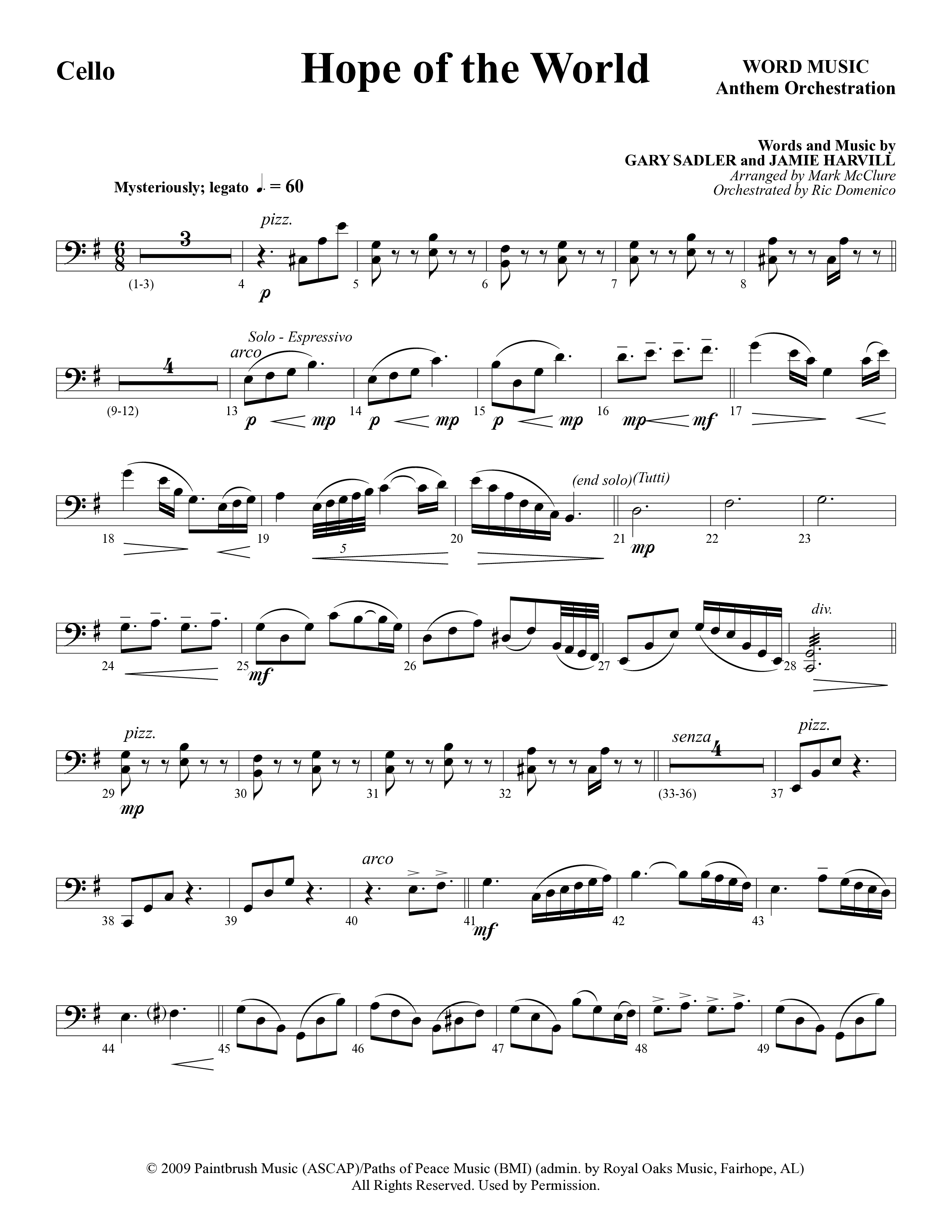 Hope Of The World (Choral Anthem SATB) Cello (Word Music Choral / Arr. Mark McClure / Orch. Ric Domenico)
