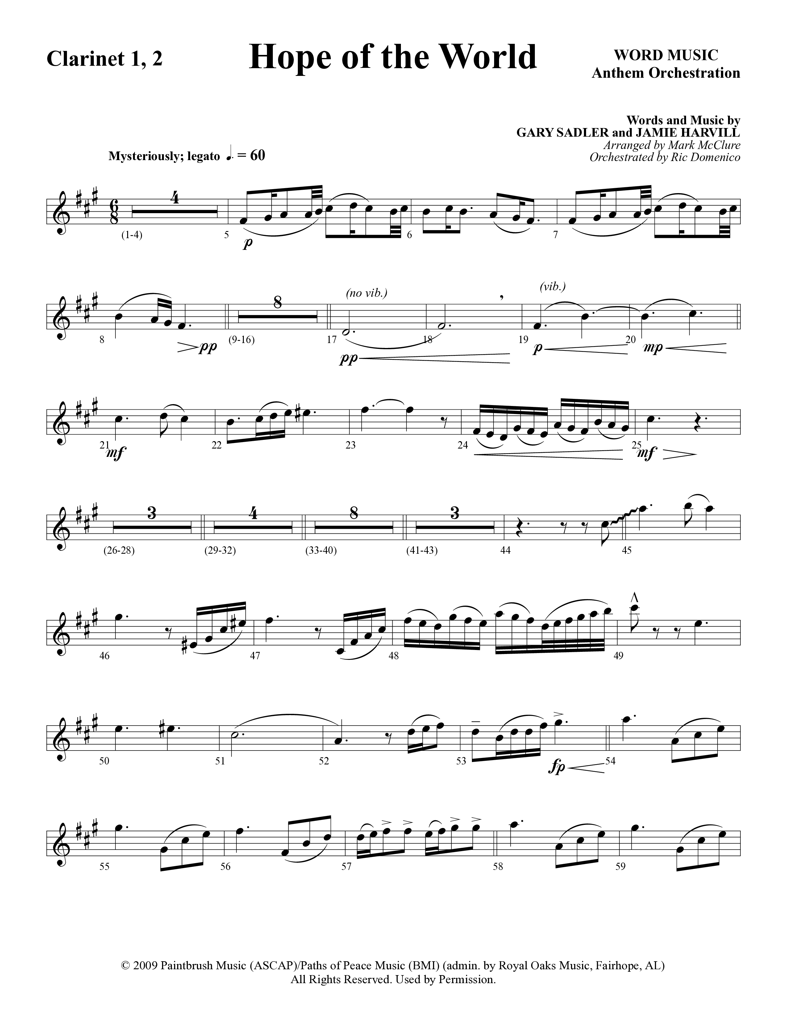Hope Of The World (Choral Anthem SATB) Clarinet 1/2 (Word Music Choral / Arr. Mark McClure / Orch. Ric Domenico)