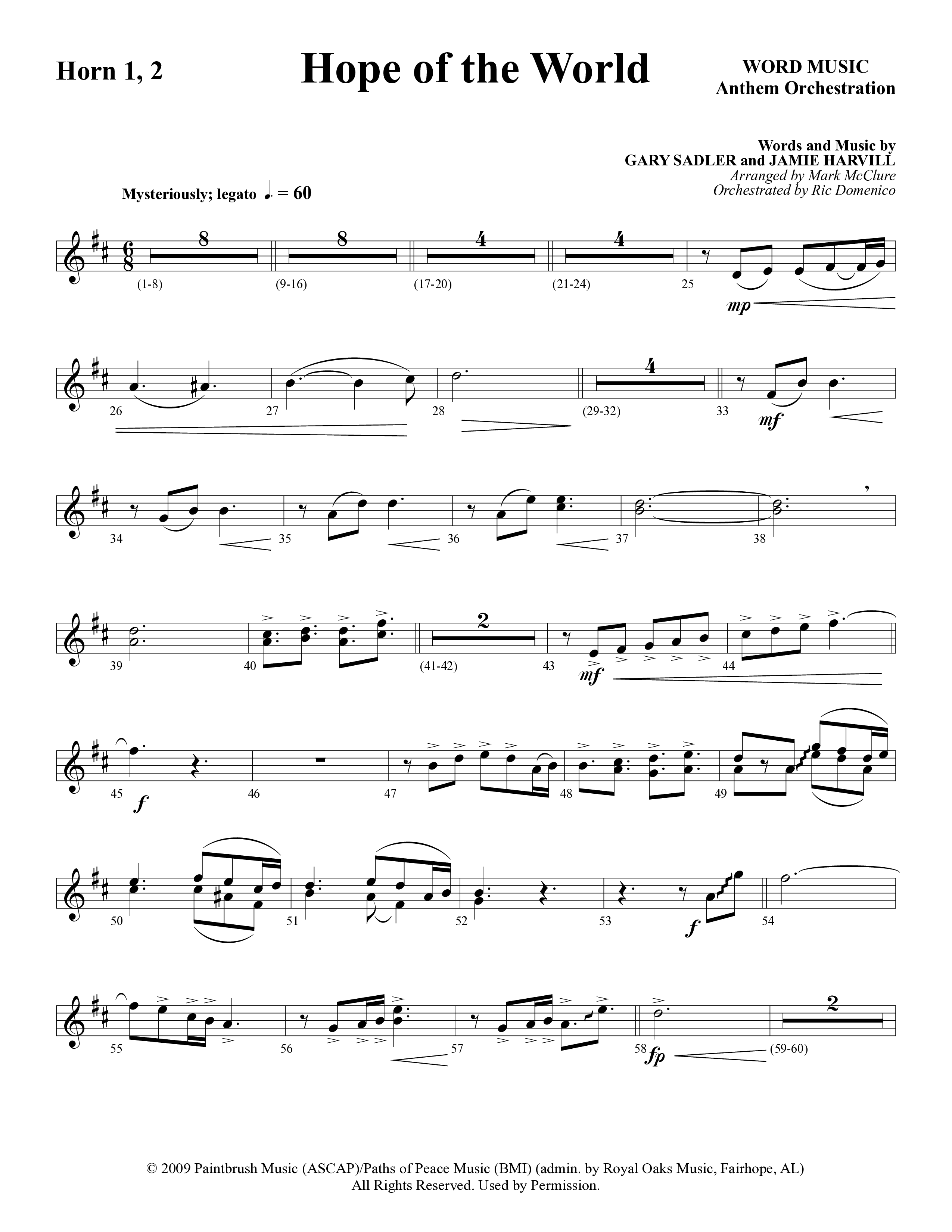 Hope Of The World (Choral Anthem SATB) French Horn 1/2 (Word Music Choral / Arr. Mark McClure / Orch. Ric Domenico)