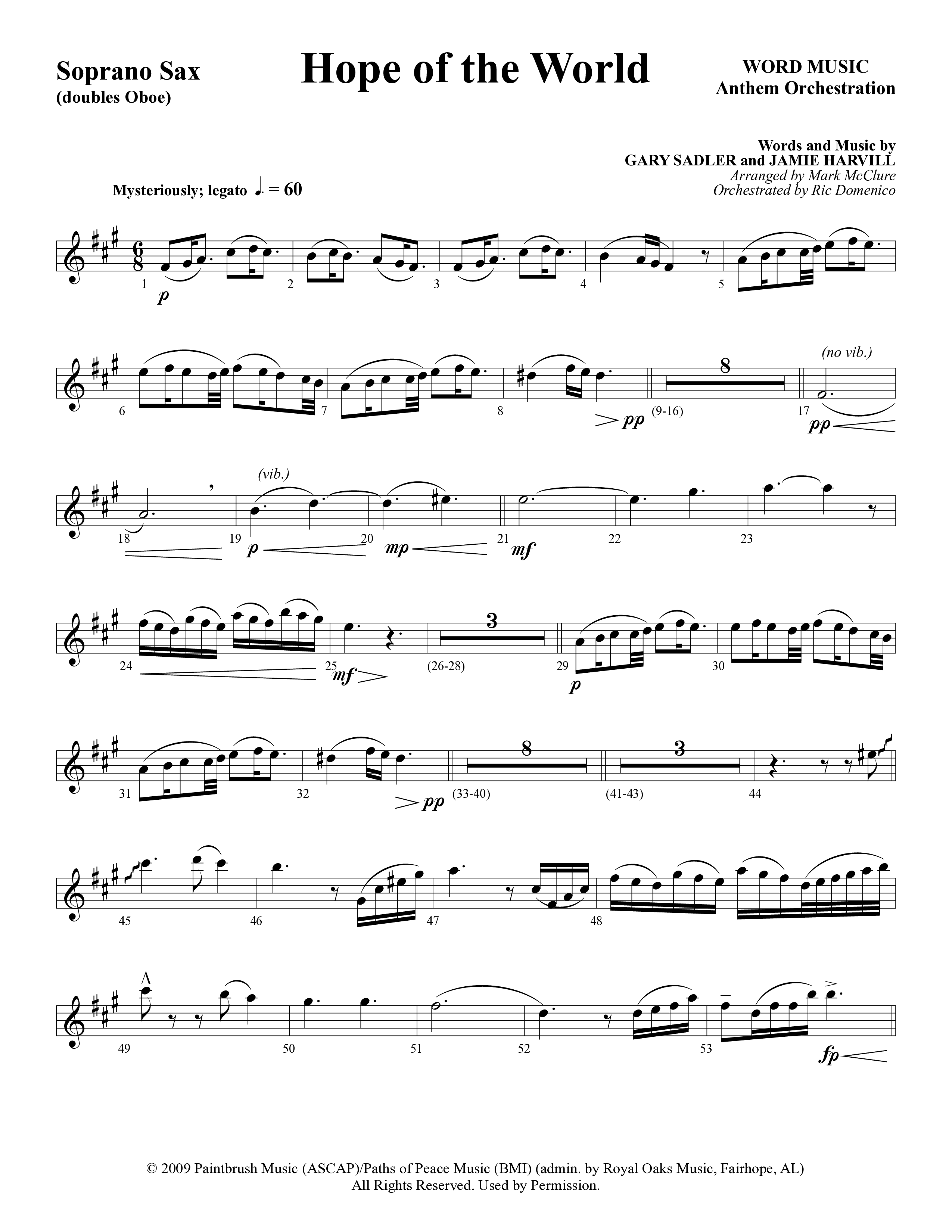 Hope Of The World (Choral Anthem SATB) Soprano Sax (Word Music Choral / Arr. Mark McClure / Orch. Ric Domenico)