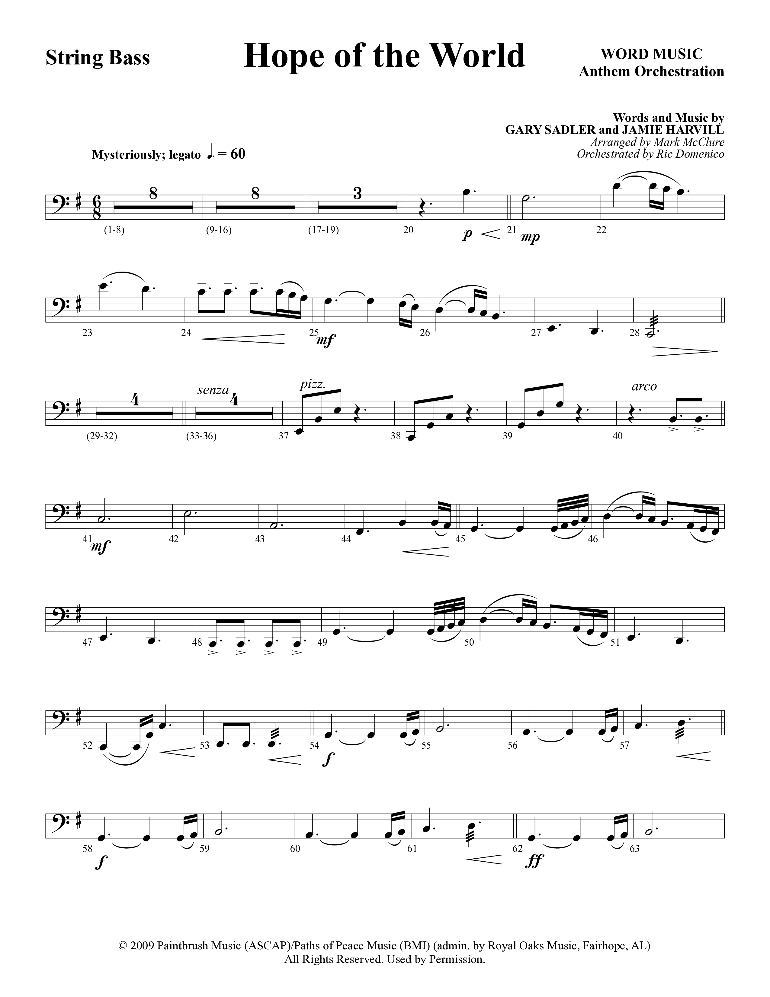 Hope Of The World (Choral Anthem SATB) String Bass (Word Music Choral / Arr. Mark McClure / Orch. Ric Domenico)