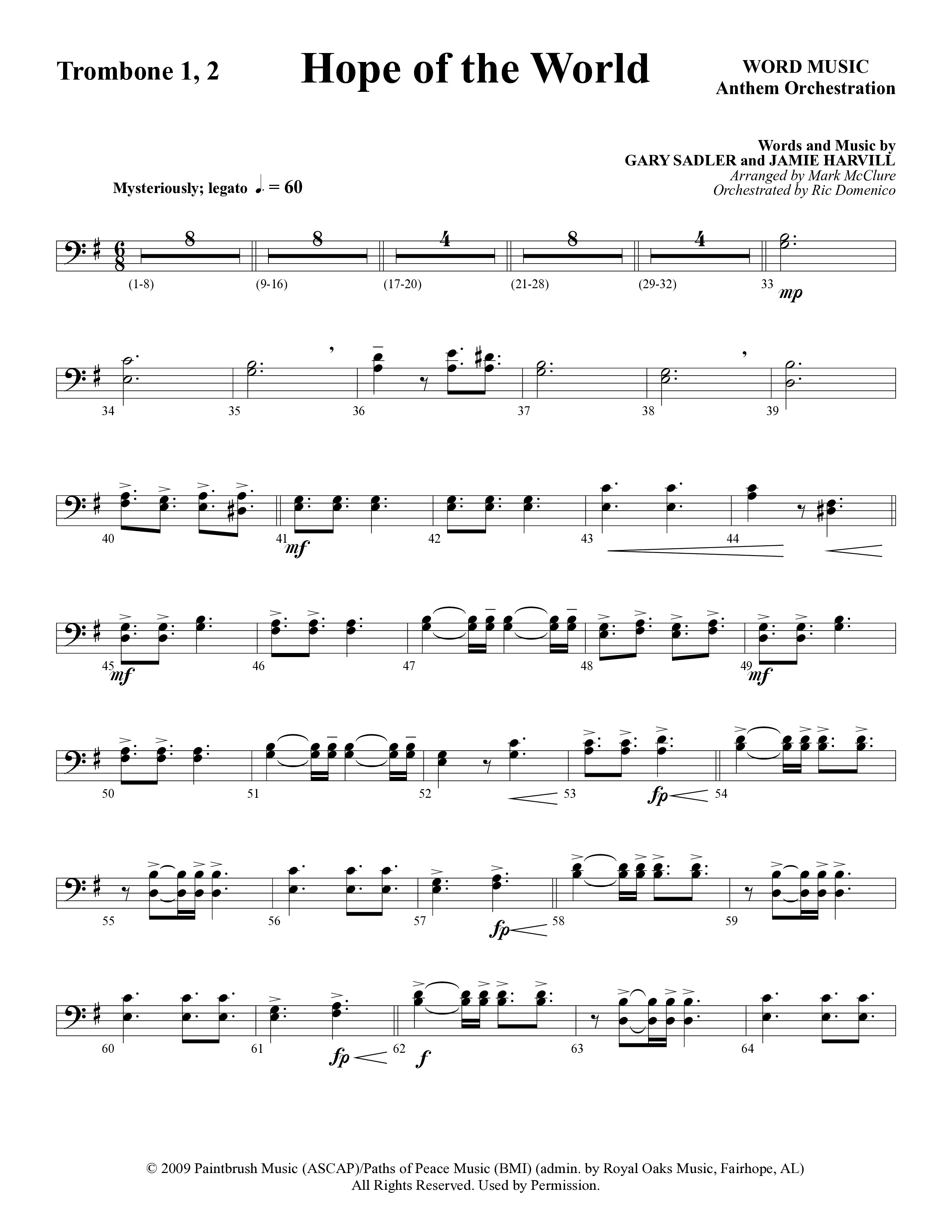 Hope Of The World (Choral Anthem SATB) Trombone 1/2 (Word Music Choral / Arr. Mark McClure / Orch. Ric Domenico)