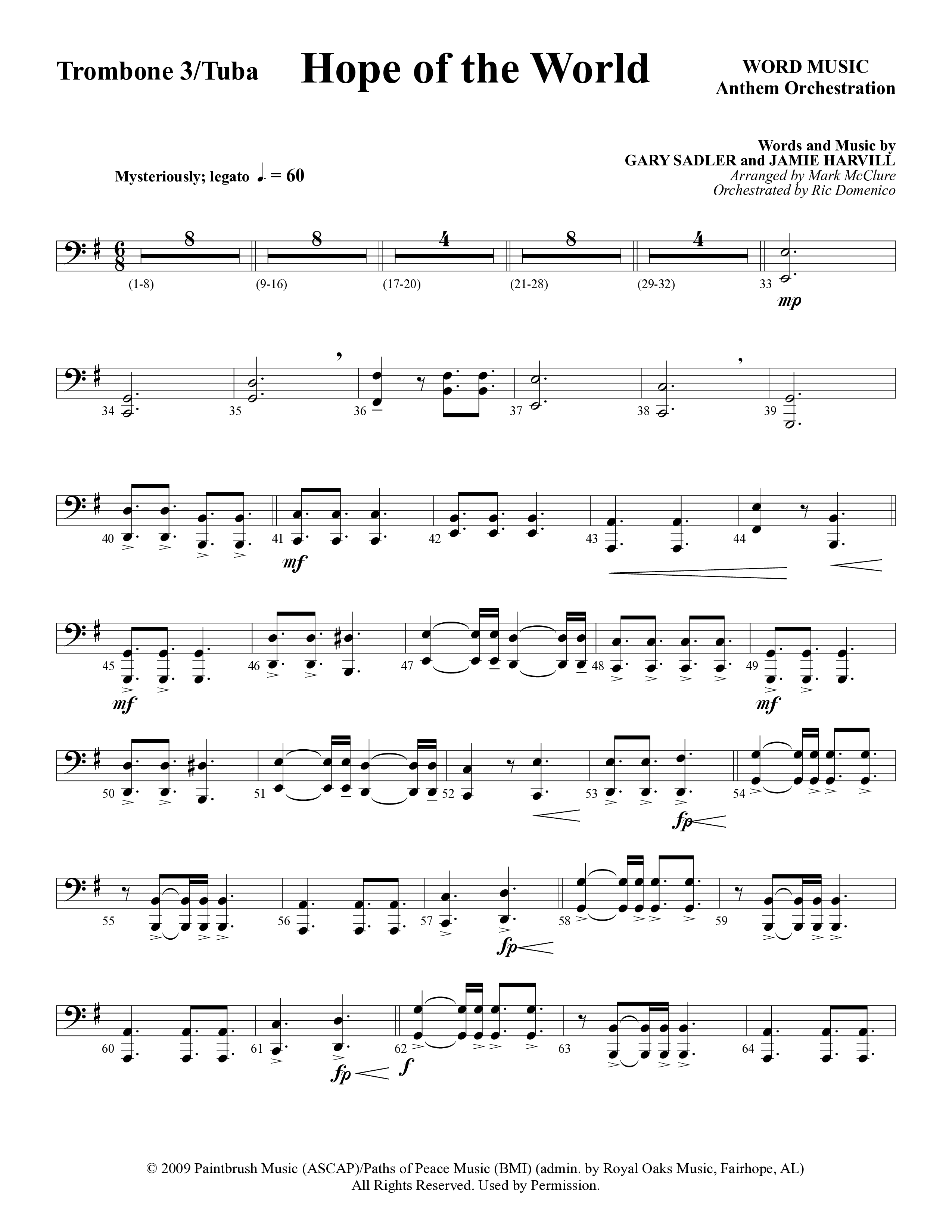 Hope Of The World (Choral Anthem SATB) Trombone 3/Tuba (Word Music Choral / Arr. Mark McClure / Orch. Ric Domenico)