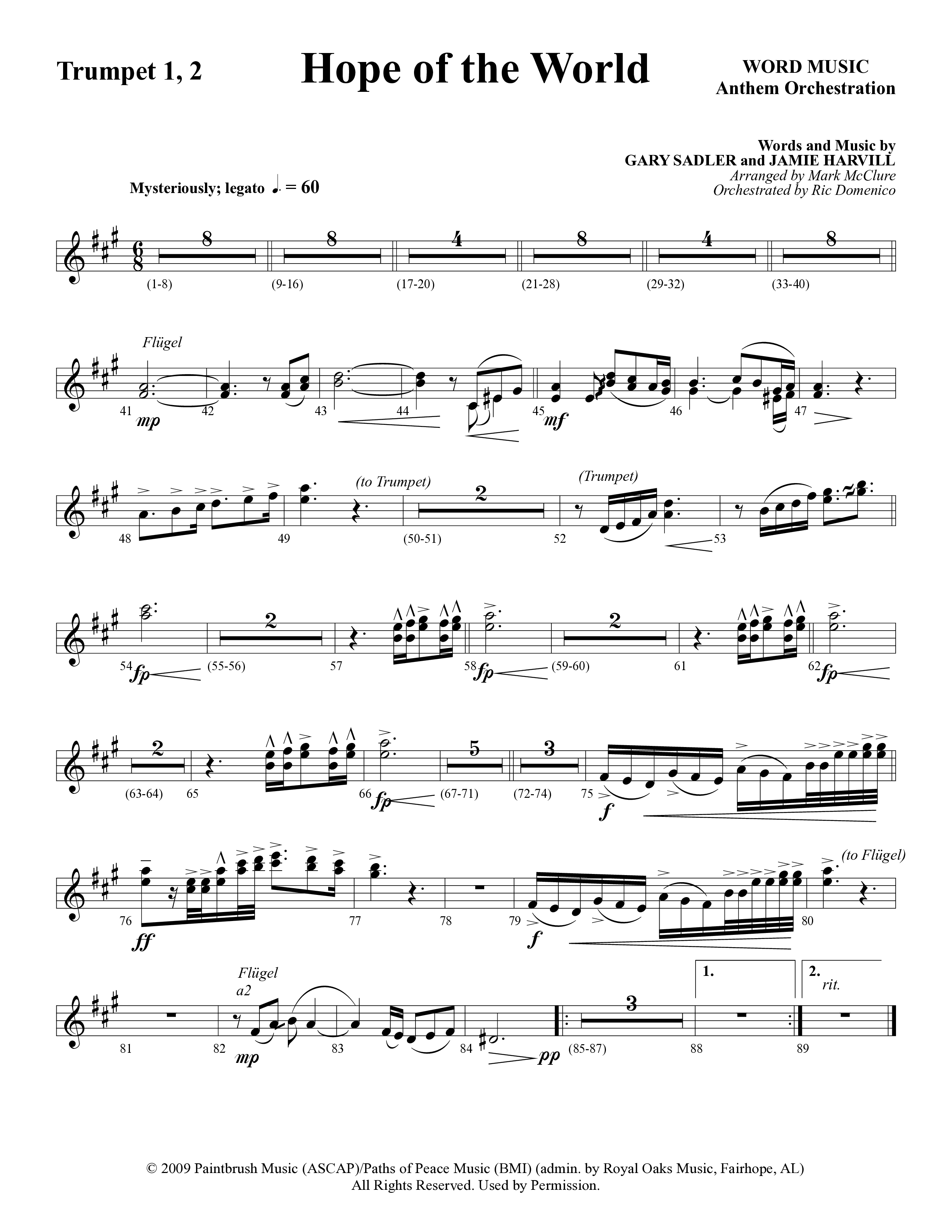 Hope Of The World (Choral Anthem SATB) Trumpet 1,2 (Word Music Choral / Arr. Mark McClure / Orch. Ric Domenico)
