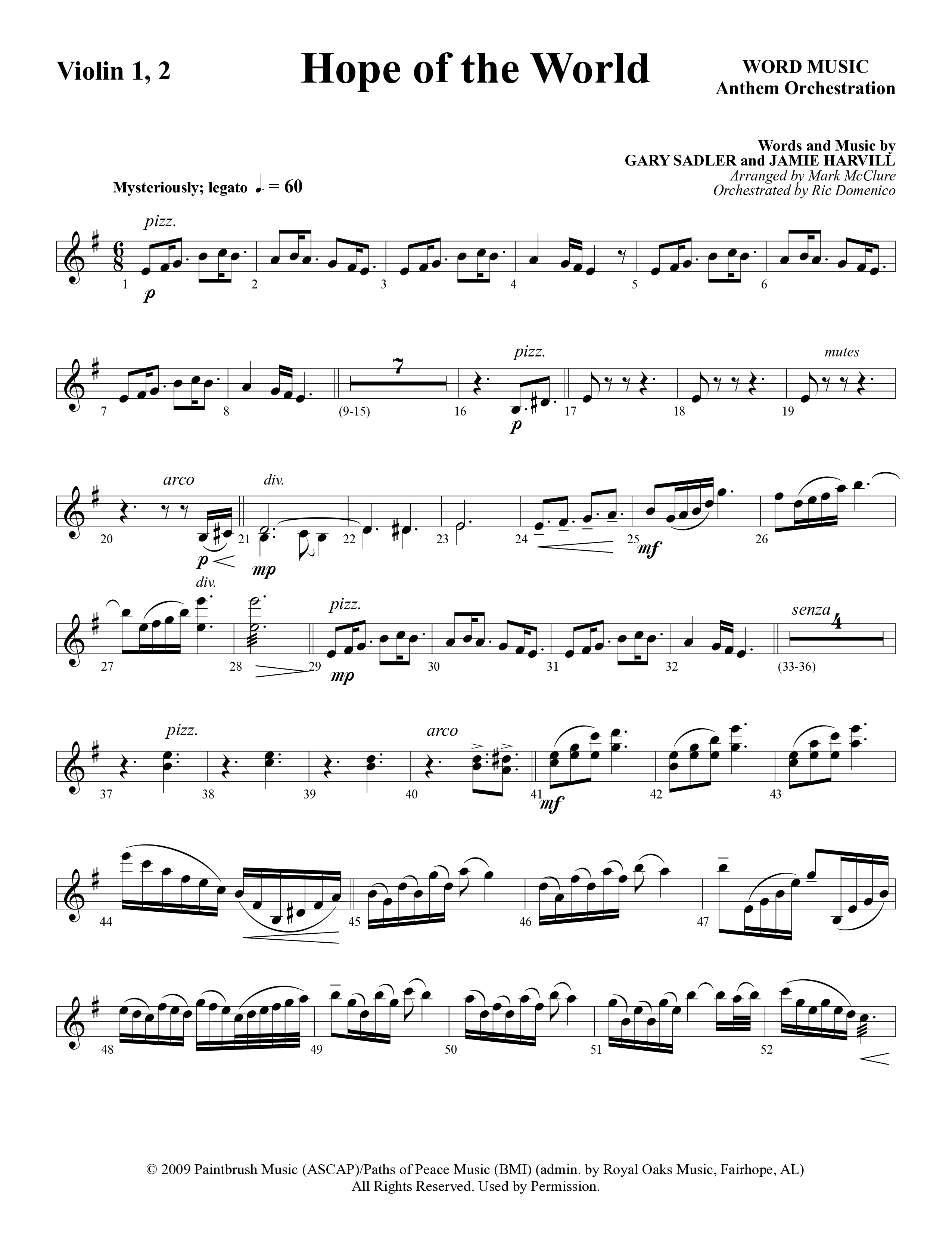 Hope Of The World (Choral Anthem SATB) Violin 1/2 (Word Music Choral / Arr. Mark McClure / Orch. Ric Domenico)