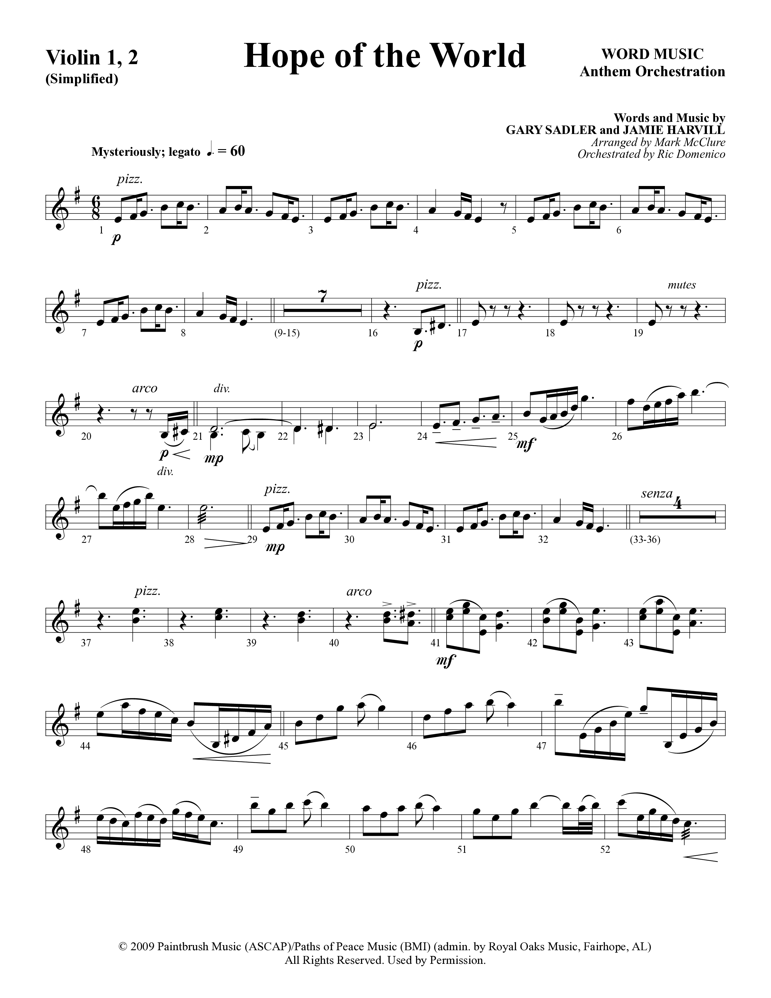Hope Of The World (Choral Anthem SATB) Violin 1/2 (Word Music Choral / Arr. Mark McClure / Orch. Ric Domenico)