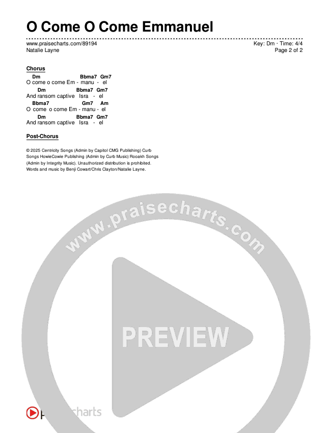 O Come O Come Emmanuel Chords & Lyrics (Natalie Layne)