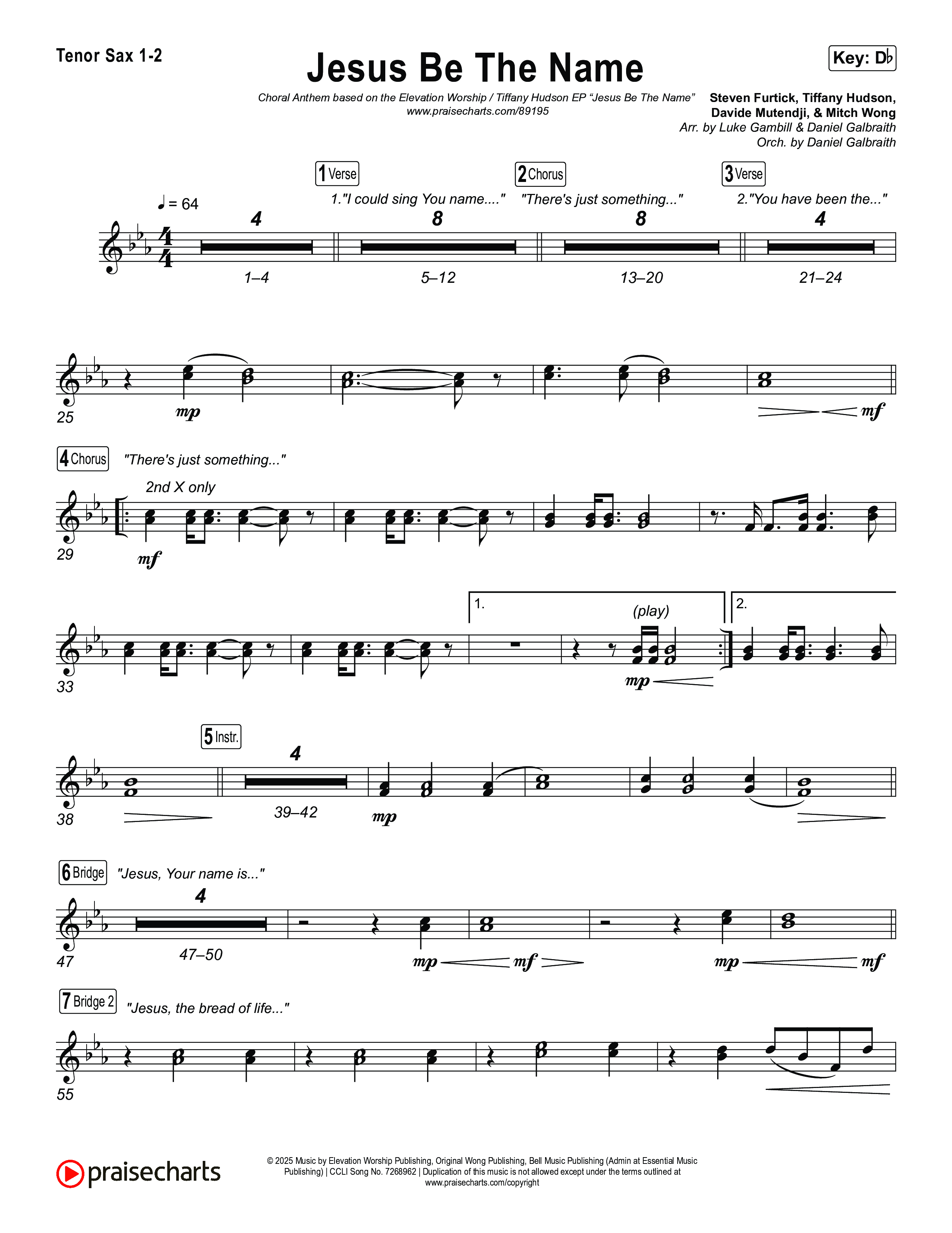 Jesus Be The Name (Choral Anthem SATB) Tenor Sax 1,2 (Elevation Worship)