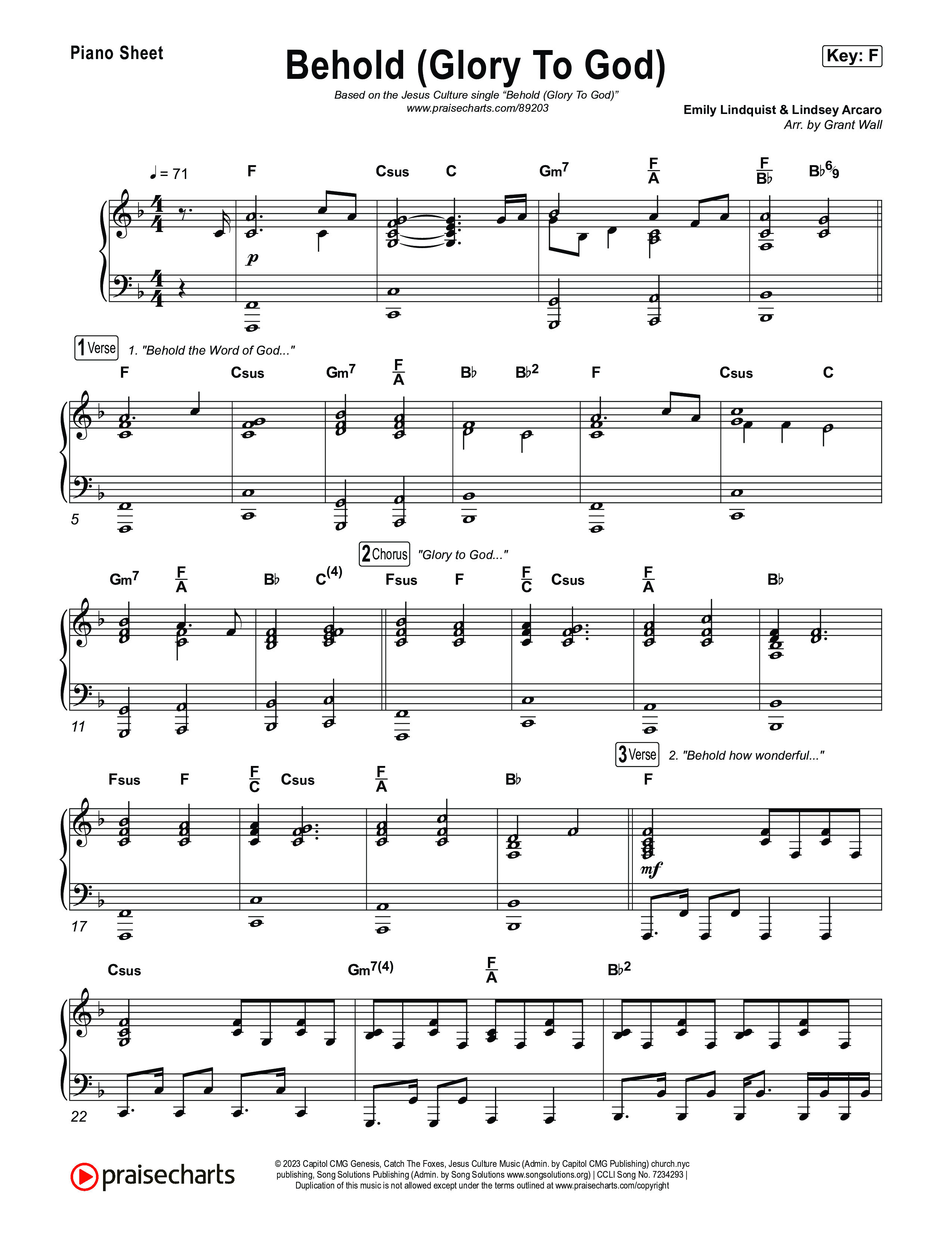 Behold (Glory To God) Piano Sheet (Jesus Culture)