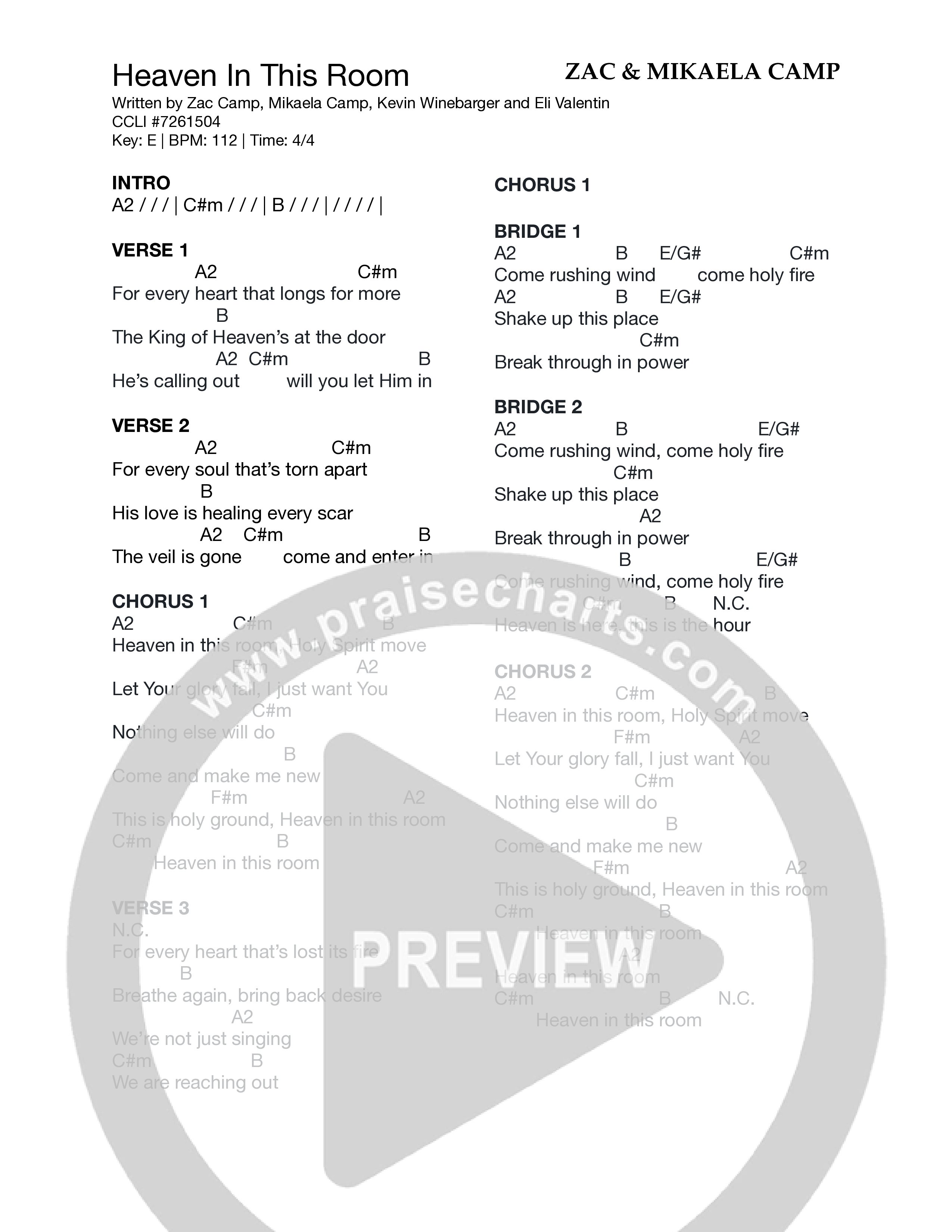 Heaven In This Room Chord Chart (Zac & Mikaela Camp)