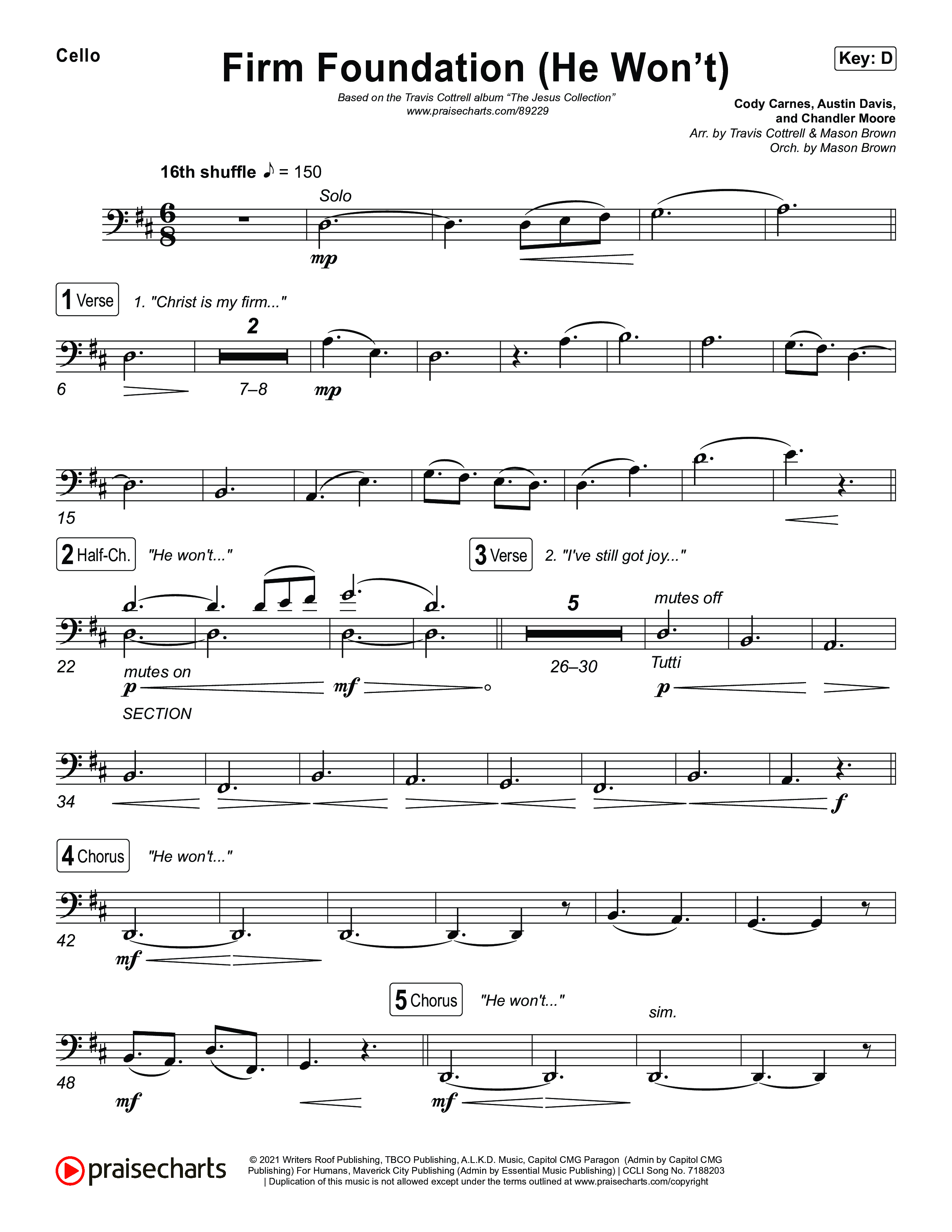 Firm Foundation (He Won't) (Choral/SATB) Cello (Brooke Voland / Travis Cottrell / Arr. Mason Brown)