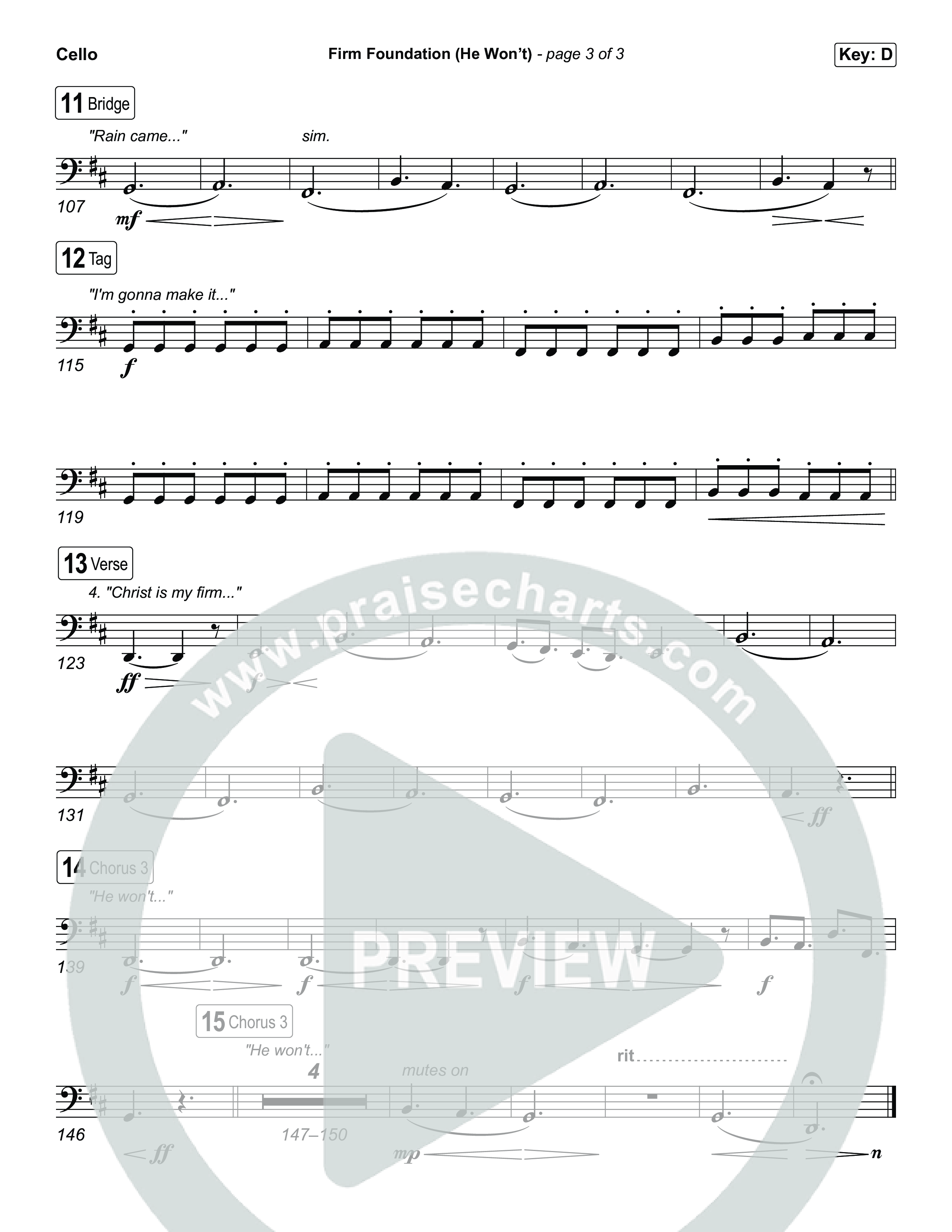 Firm Foundation (He Won't) (Choral/SATB) Cello (Brooke Voland / Travis Cottrell / Arr. Mason Brown)