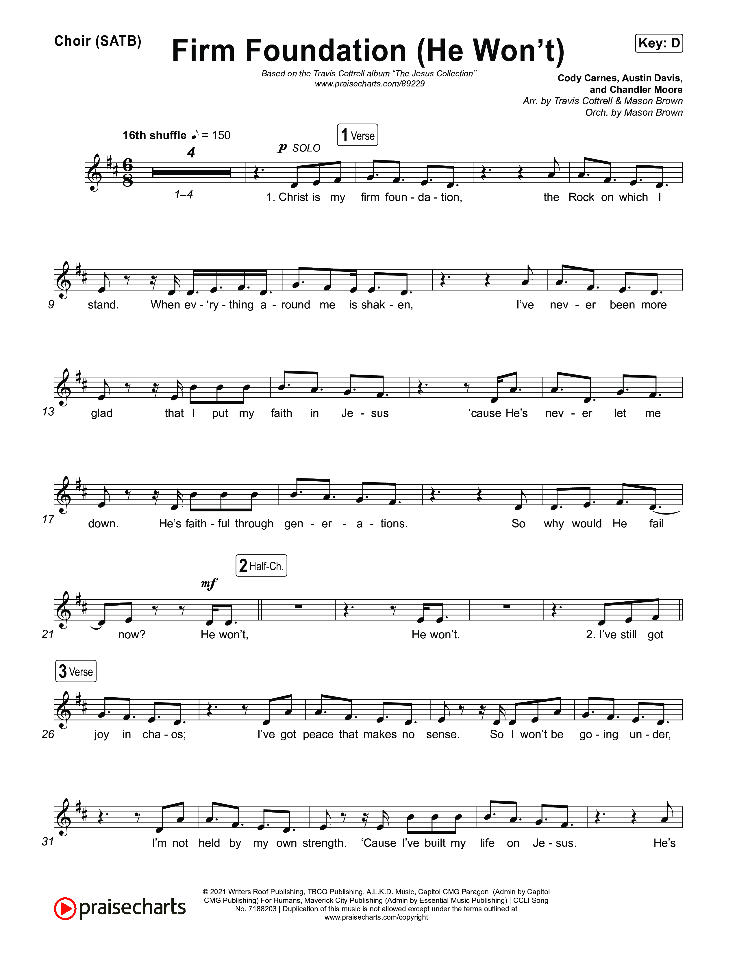 Firm Foundation (He Won't) (Choral/SATB) Choir Sheet (SATB) (Brooke Voland / Travis Cottrell / Arr. Mason Brown)
