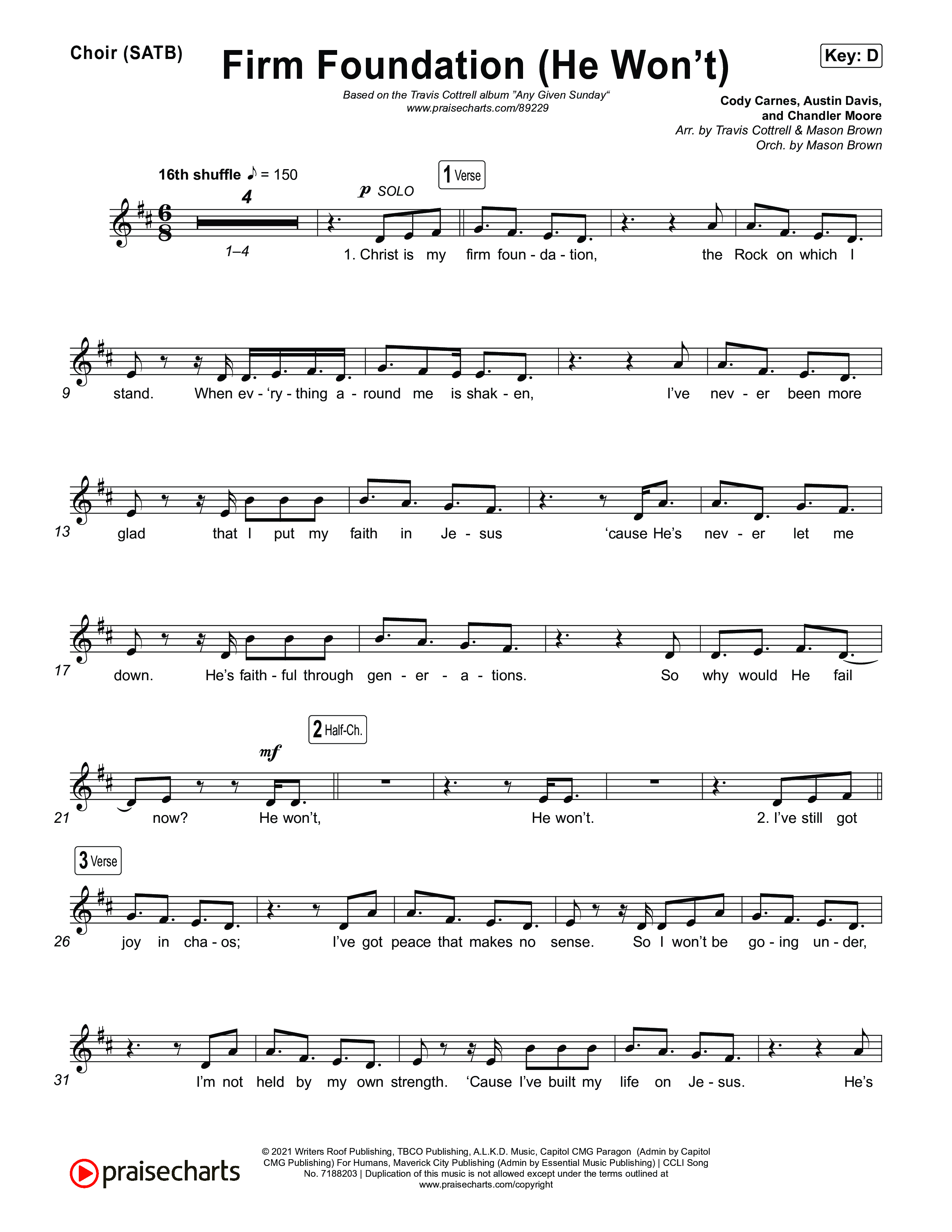 Firm Foundation (He Won't) (Choral/SATB) Choir Sheet (SATB) (Brooke Voland / Travis Cottrell / Arr. Mason Brown)