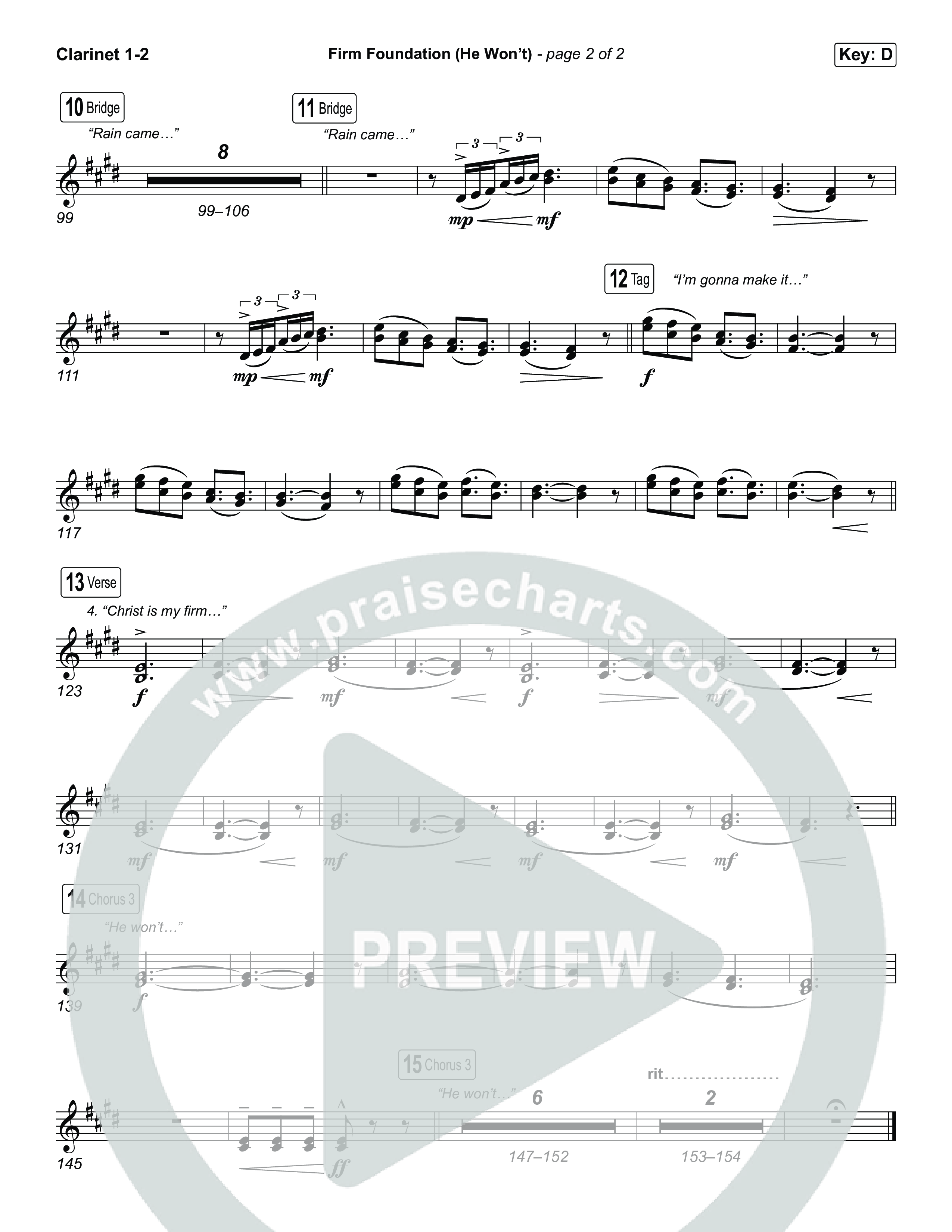 Firm Foundation (He Won't) (Choral/SATB) Clarinet 1,2 (Brooke Voland / Travis Cottrell / Arr. Mason Brown)