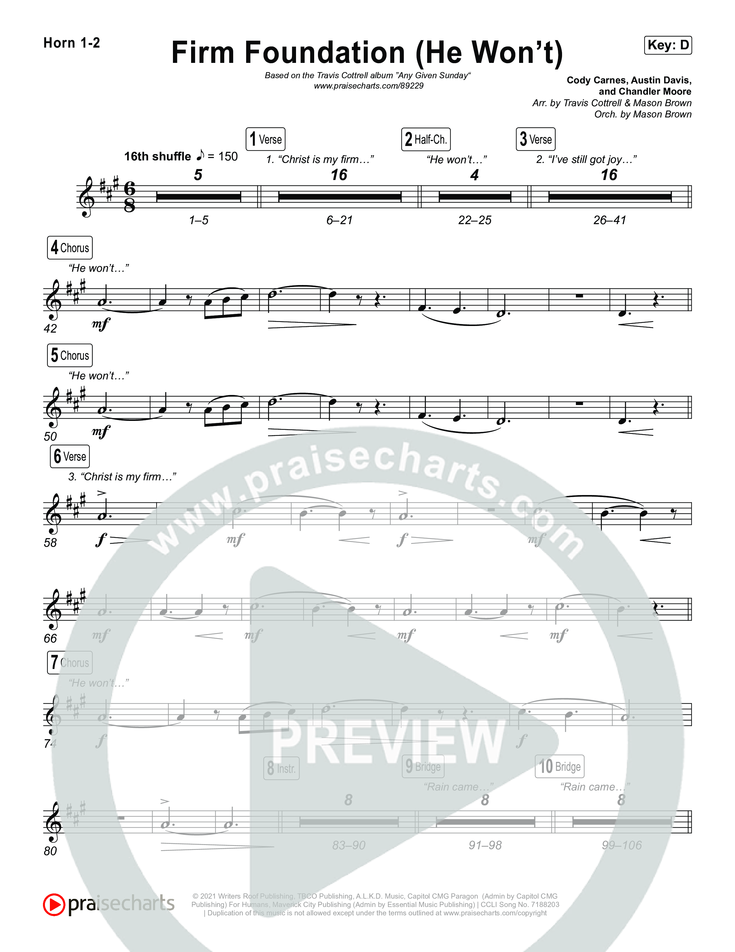 Firm Foundation (He Won't) (Choral/SATB) French Horn 1,2 (Brooke Voland / Travis Cottrell / Arr. Mason Brown)