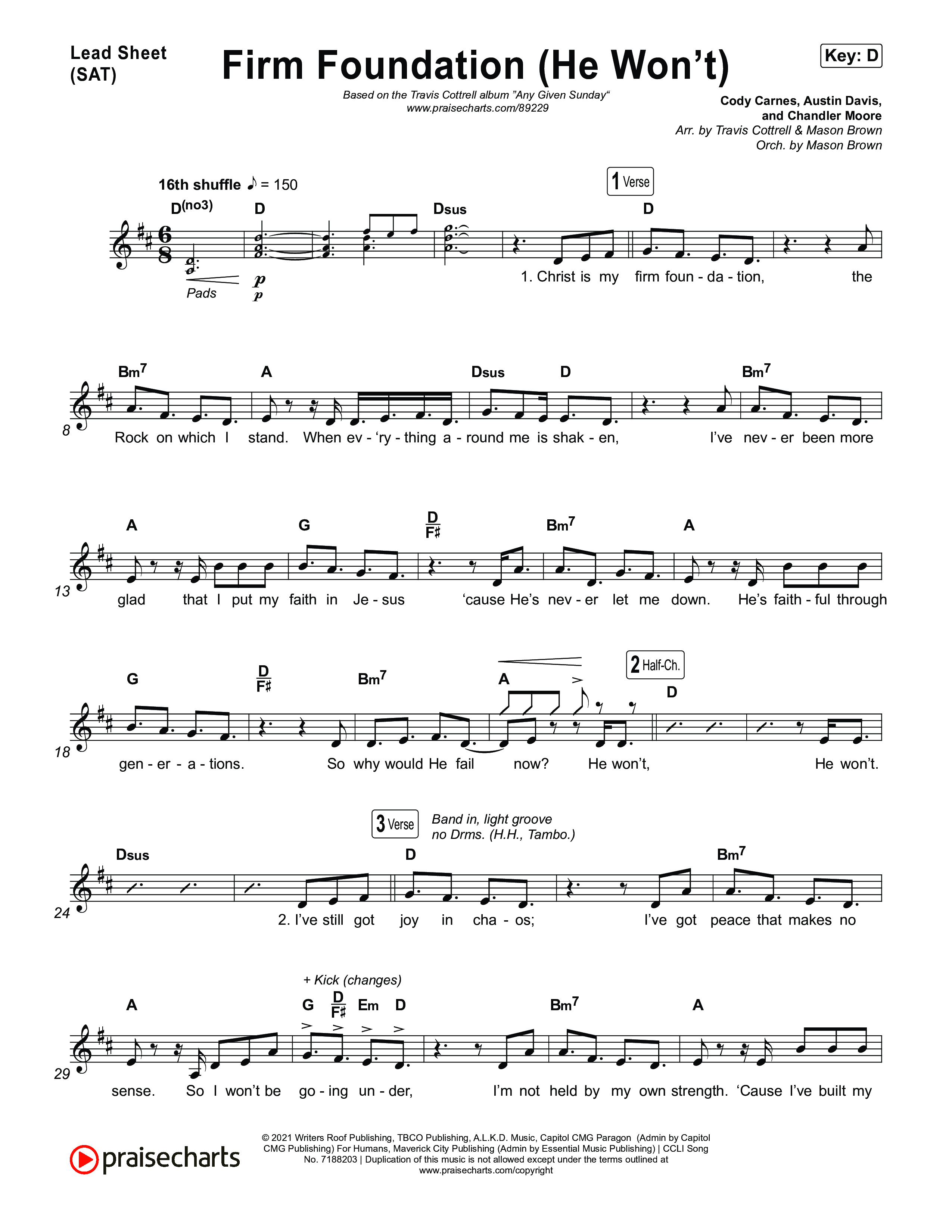 Firm Foundation (He Won't) (Choral/SATB) Lead Sheet (SAT) (Brooke Voland / Travis Cottrell / Arr. Mason Brown)