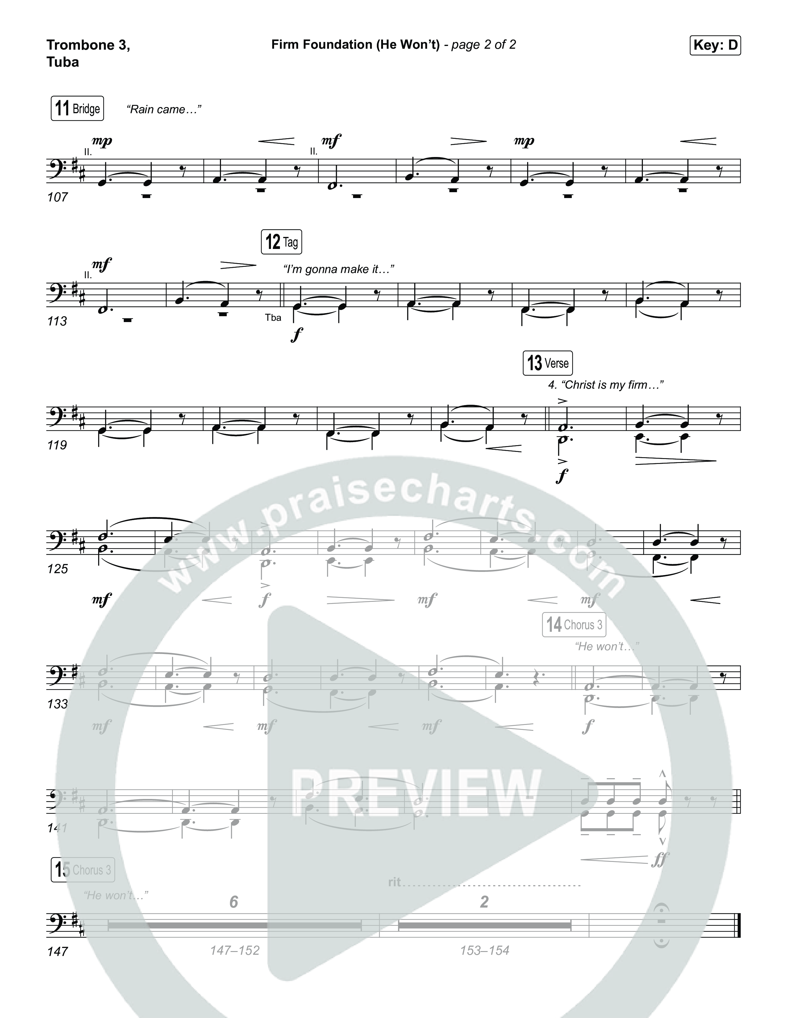 Firm Foundation (He Won't) (Choral/SATB) Trombone 3/Tuba (Brooke Voland / Travis Cottrell / Arr. Mason Brown)