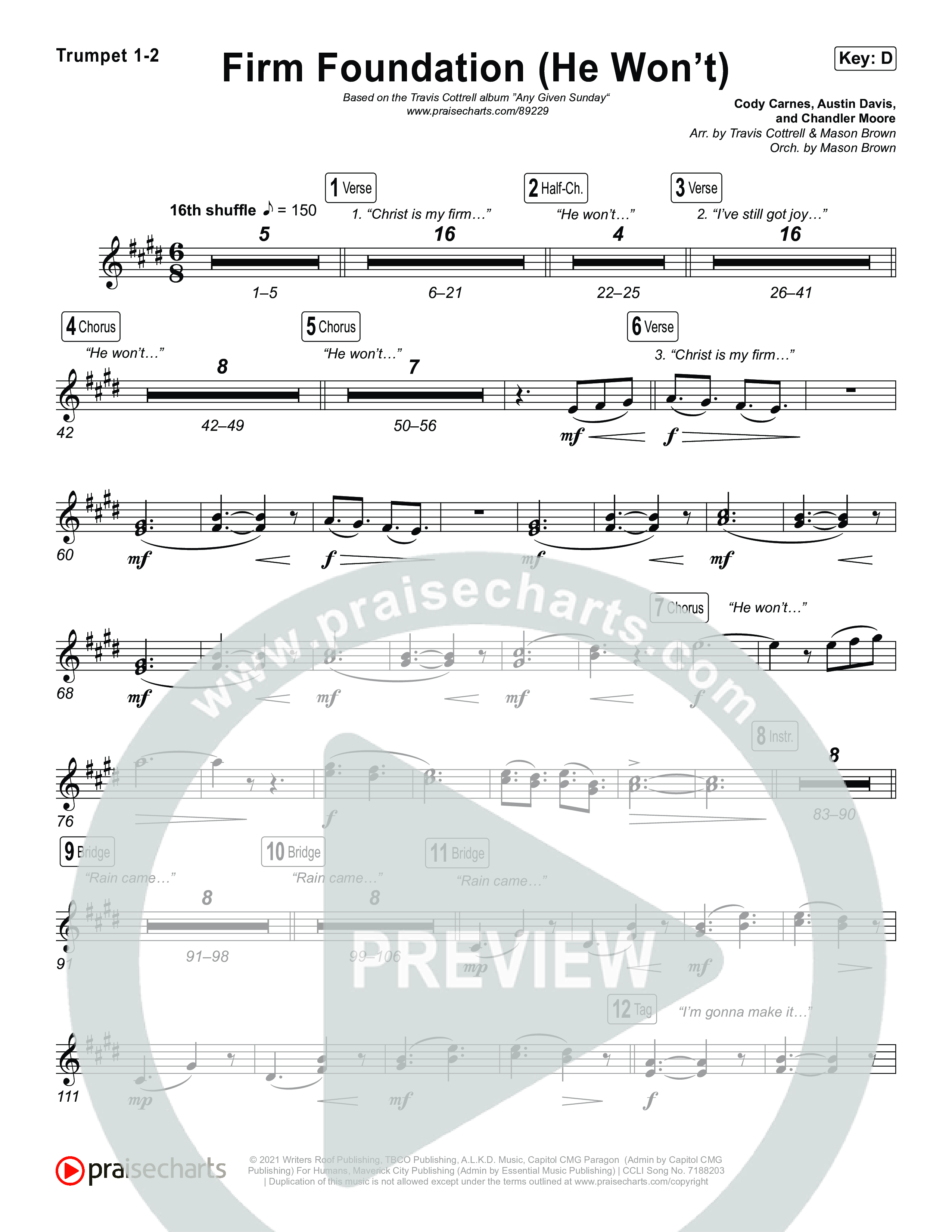 Firm Foundation (He Won't) (Choral/SATB) Trumpet 1,2 (Brooke Voland / Travis Cottrell / Arr. Mason Brown)