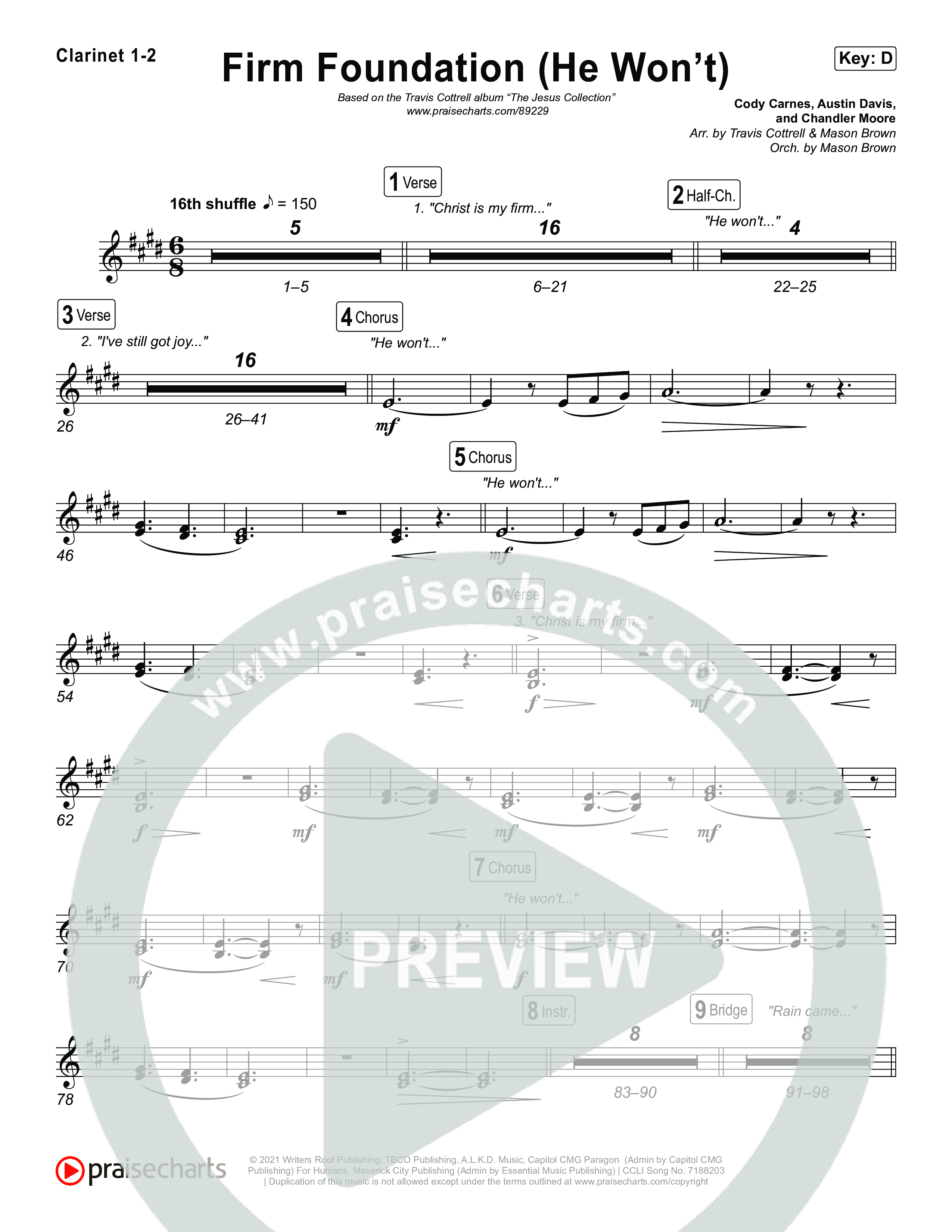 Firm Foundation (He Won't) (Choral/SATB) Clarinet 1,2 (Brooke Voland / Travis Cottrell / Arr. Mason Brown)
