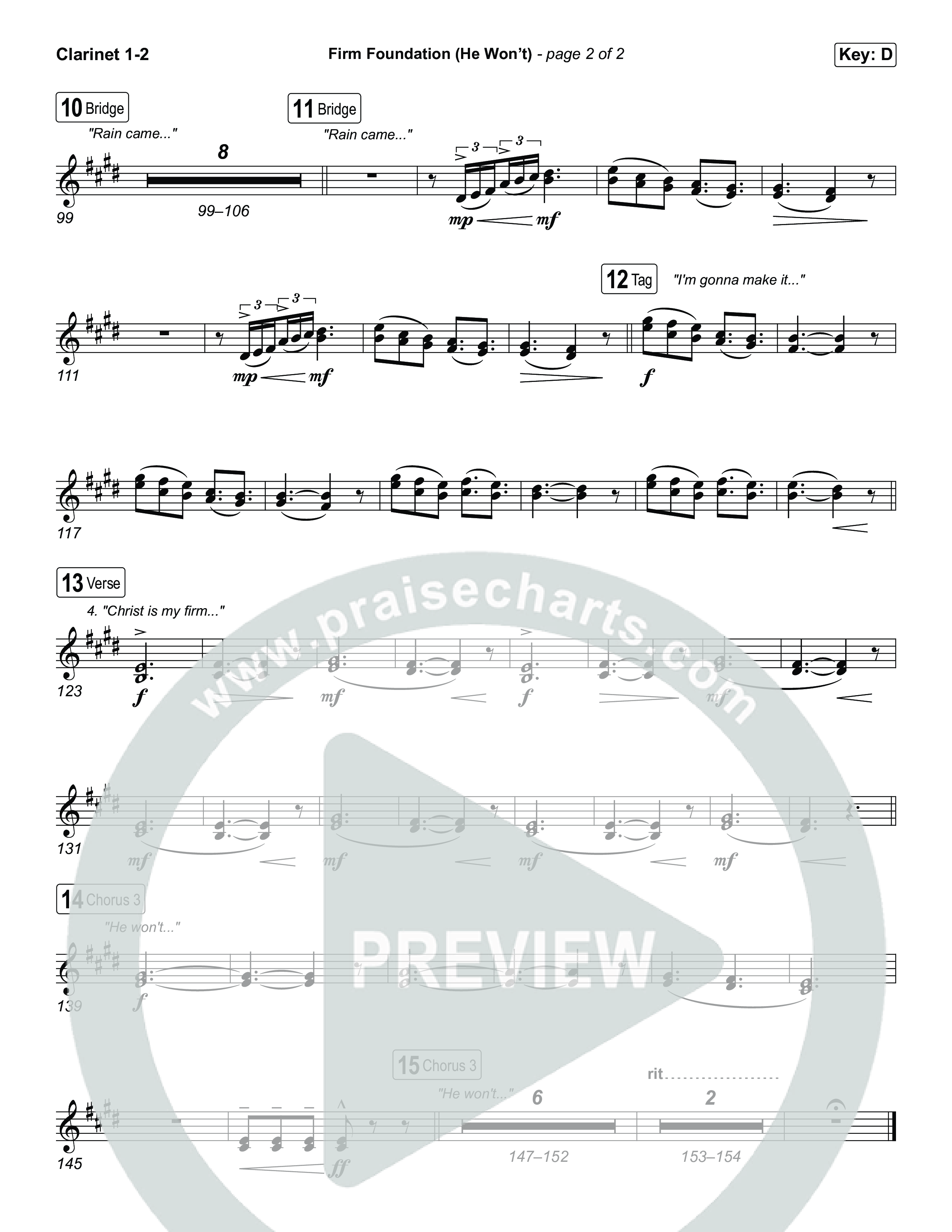 Firm Foundation (He Won't) (Choral/SATB) Clarinet 1,2 (Brooke Voland / Travis Cottrell / Arr. Mason Brown)