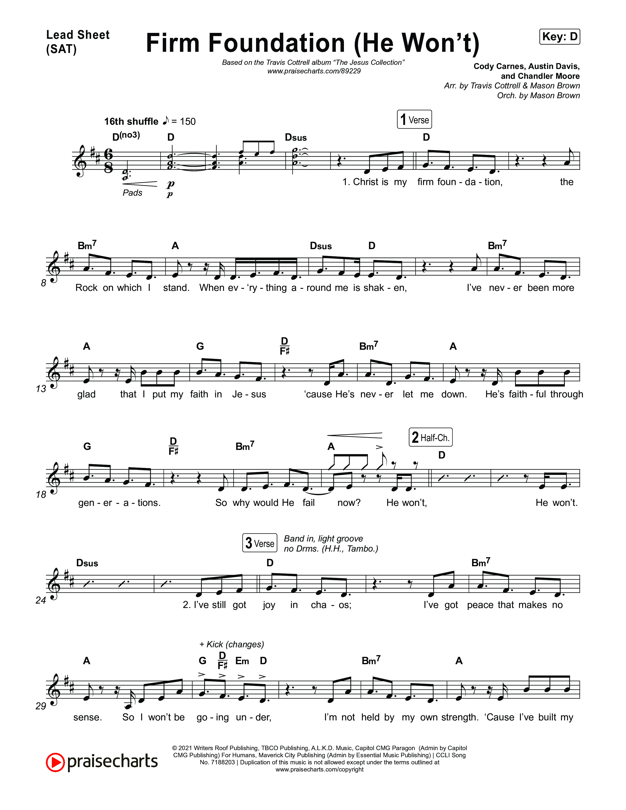 Firm Foundation (He Won't) (Choral/SATB) Lead Sheet (SAT) (Brooke Voland / Travis Cottrell / Arr. Mason Brown)
