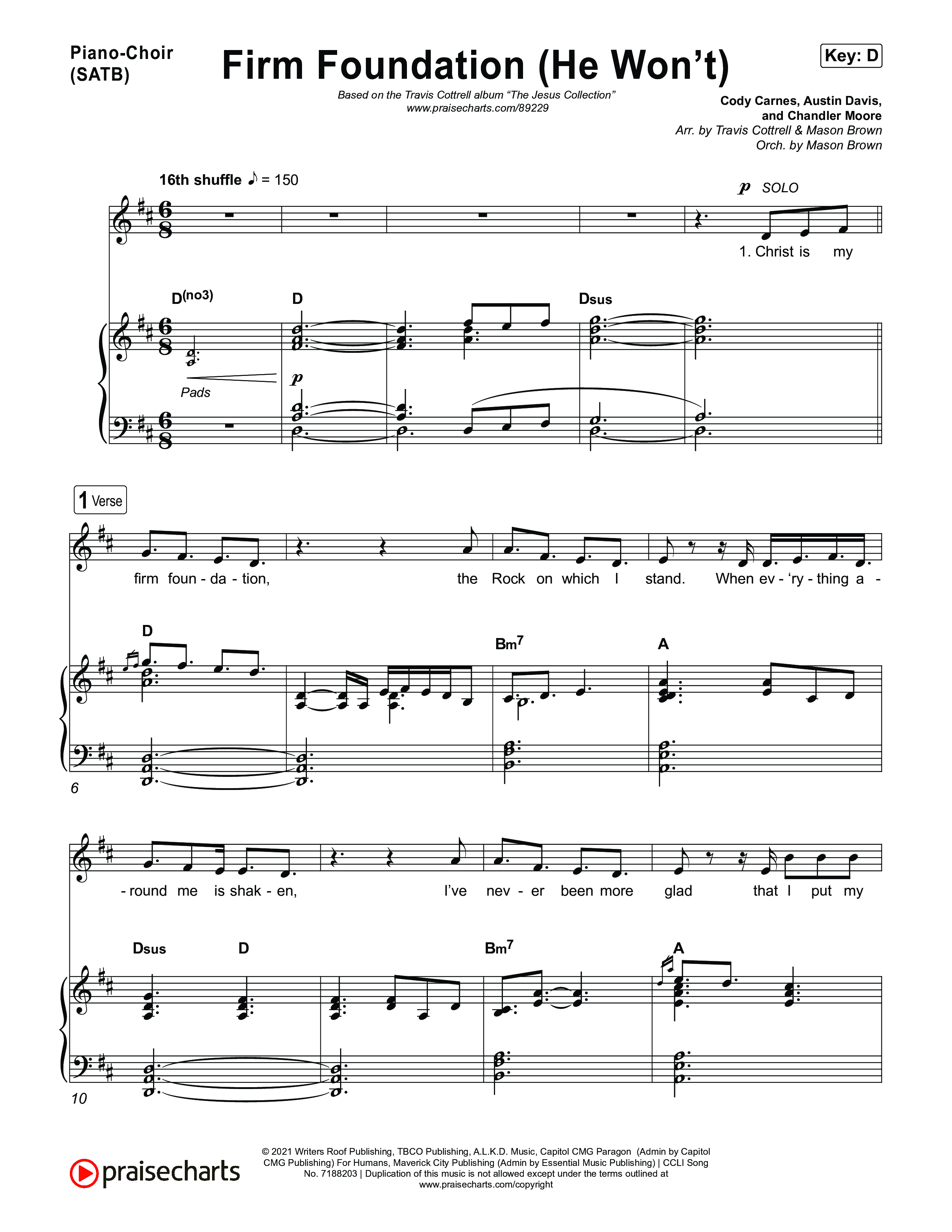 Firm Foundation (He Won't) (Choral/SATB) Piano/Vocal (SATB) (Brooke Voland / Travis Cottrell / Arr. Mason Brown)