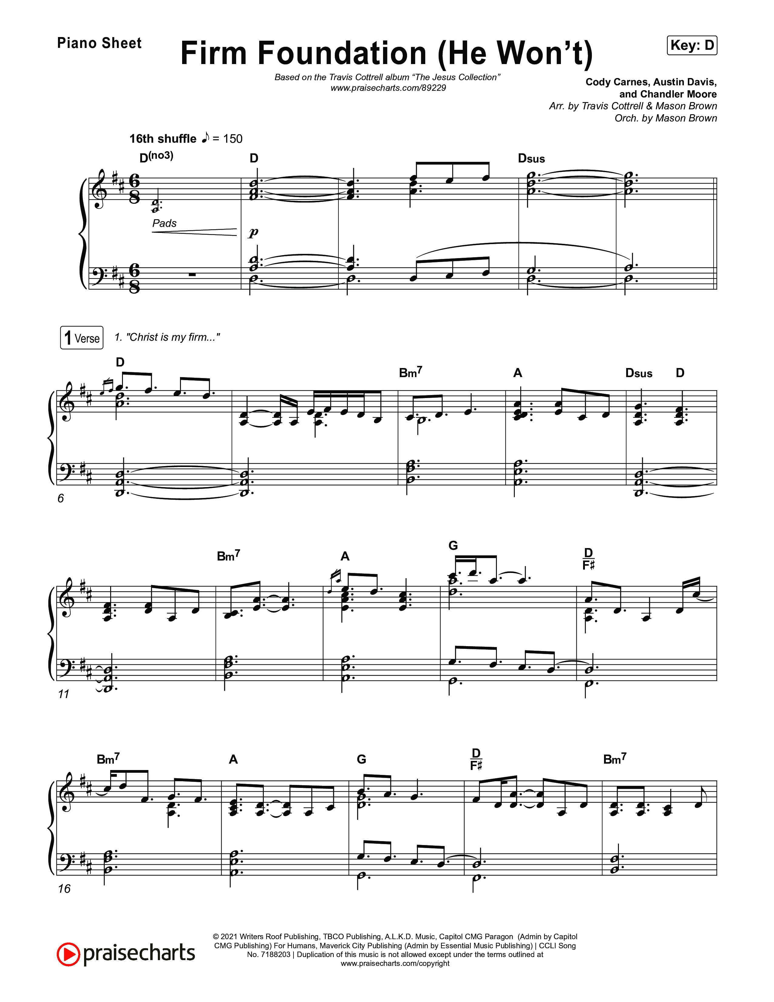 Firm Foundation (He Won't) (Choral/SATB) Piano Sheet (Brooke Voland / Travis Cottrell / Arr. Mason Brown)