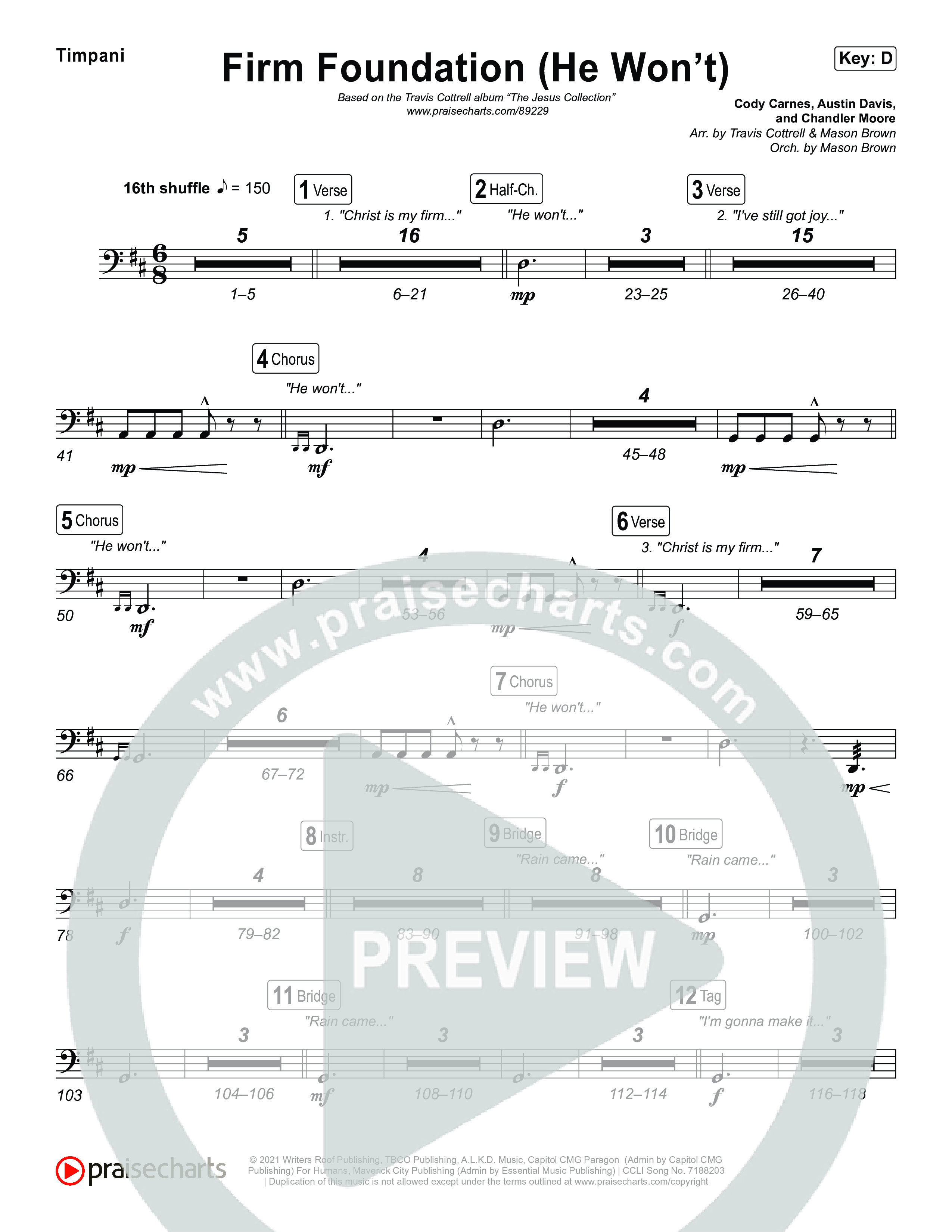 Firm Foundation (He Won't) (Choral/SATB) Timpani (Brooke Voland / Travis Cottrell / Arr. Mason Brown)