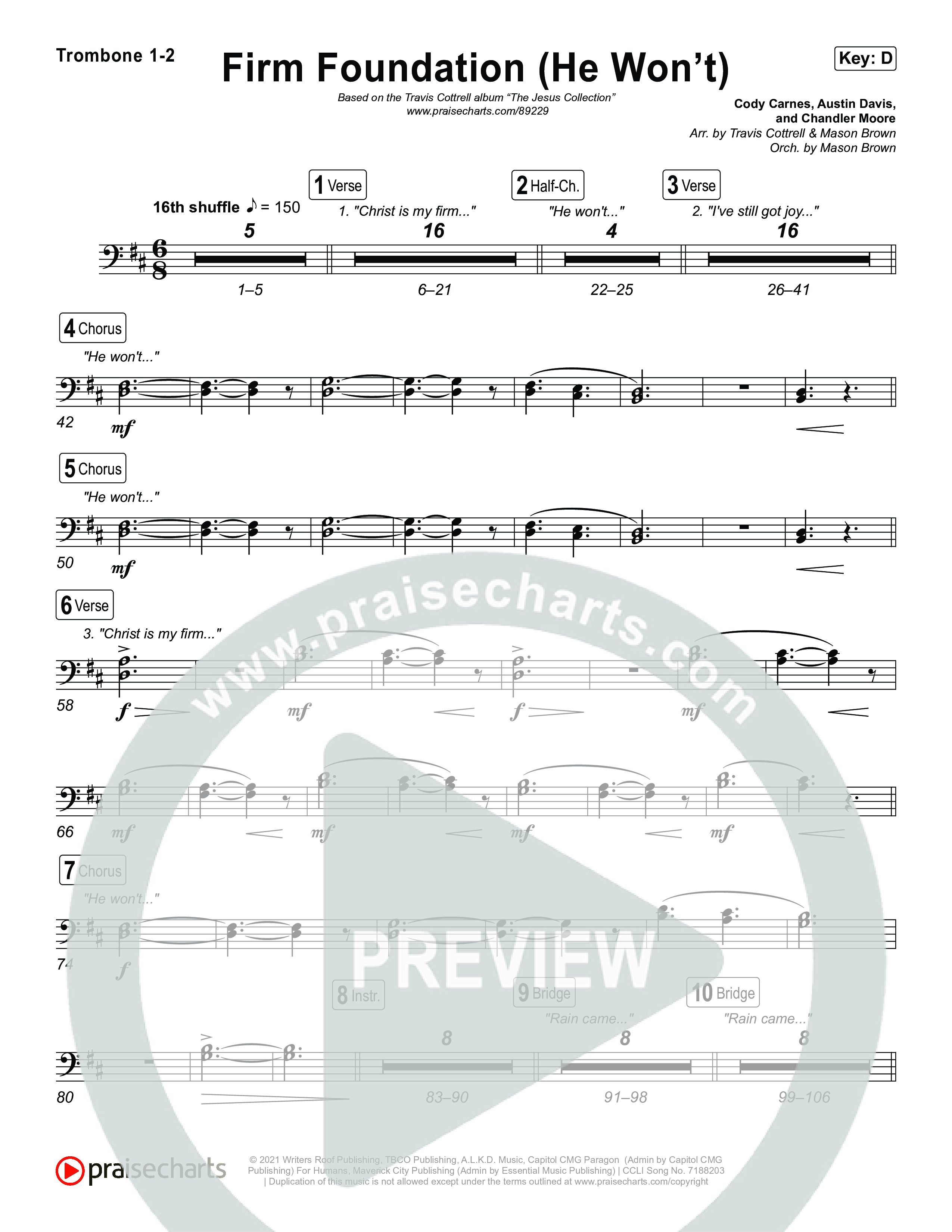 Firm Foundation (He Won't) (Choral/SATB) Trombone 1/2 (Brooke Voland / Travis Cottrell / Arr. Mason Brown)