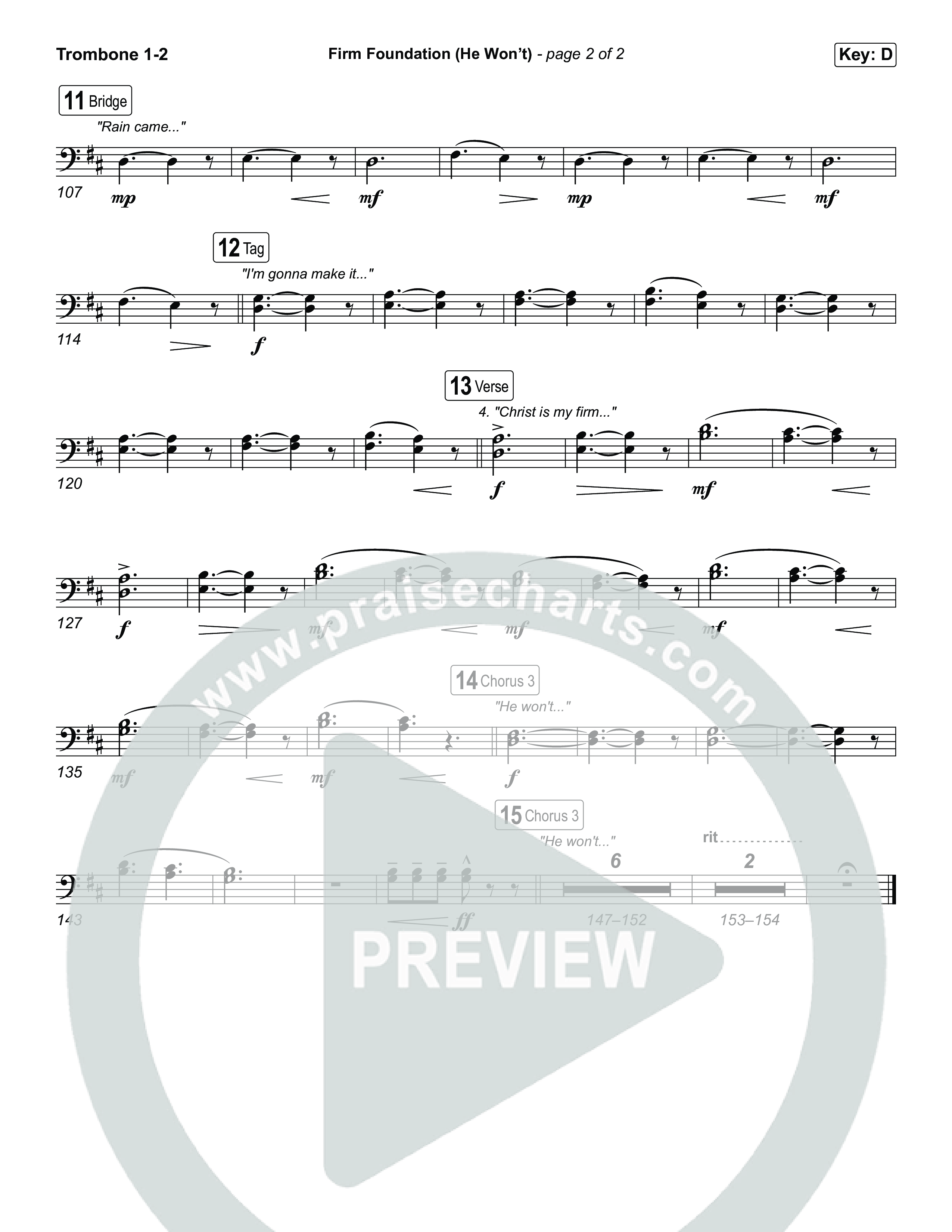 Firm Foundation (He Won't) (Choral/SATB) Trombone 1/2 (Brooke Voland / Travis Cottrell / Arr. Mason Brown)