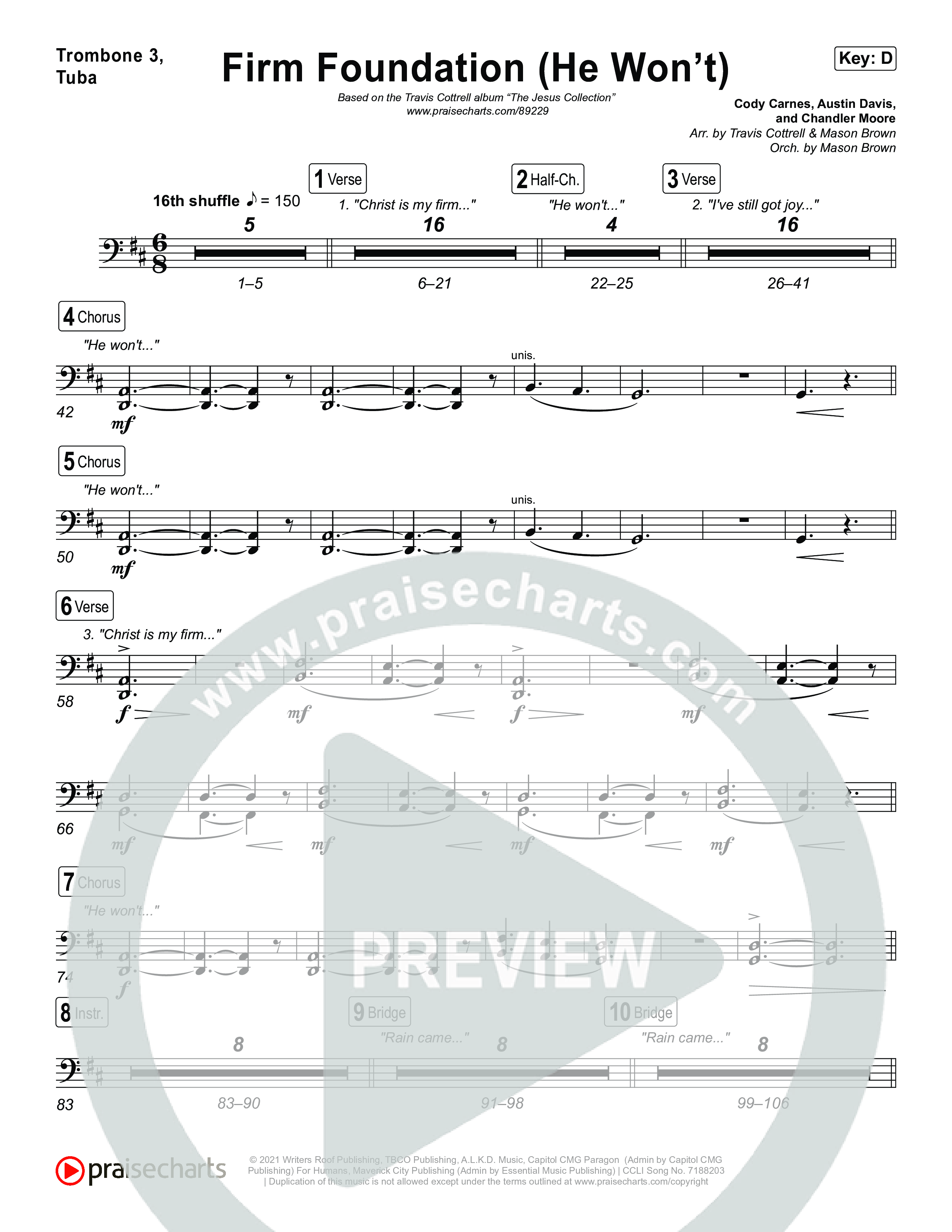 Firm Foundation (He Won't) (Choral/SATB) Trombone 1,2 (Brooke Voland / Travis Cottrell / Arr. Mason Brown)
