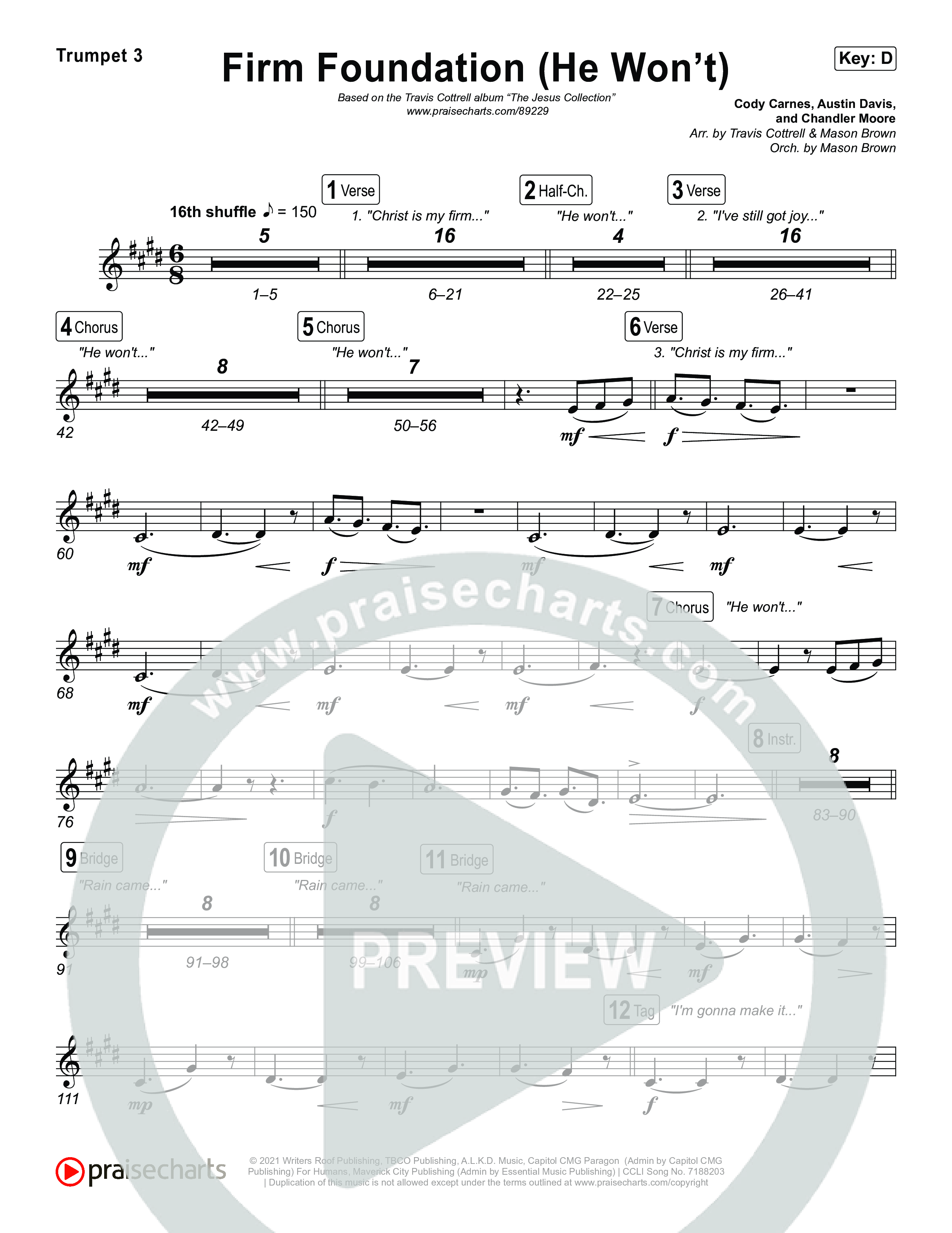 Firm Foundation (He Won't) (Choral/SATB) Trumpet 3 (Brooke Voland / Travis Cottrell / Arr. Mason Brown)