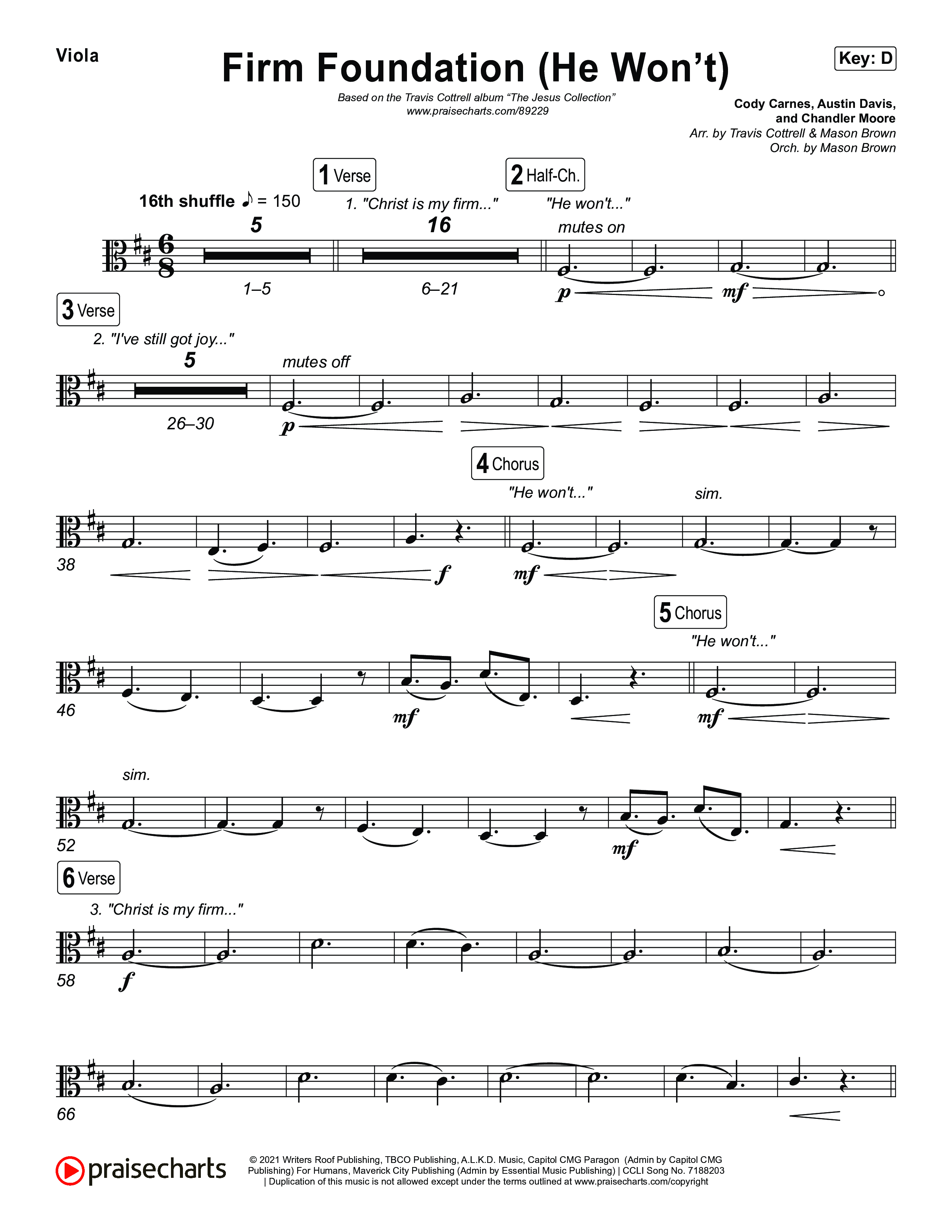 Firm Foundation (He Won't) (Choral/SATB) Viola (Brooke Voland / Travis Cottrell / Arr. Mason Brown)