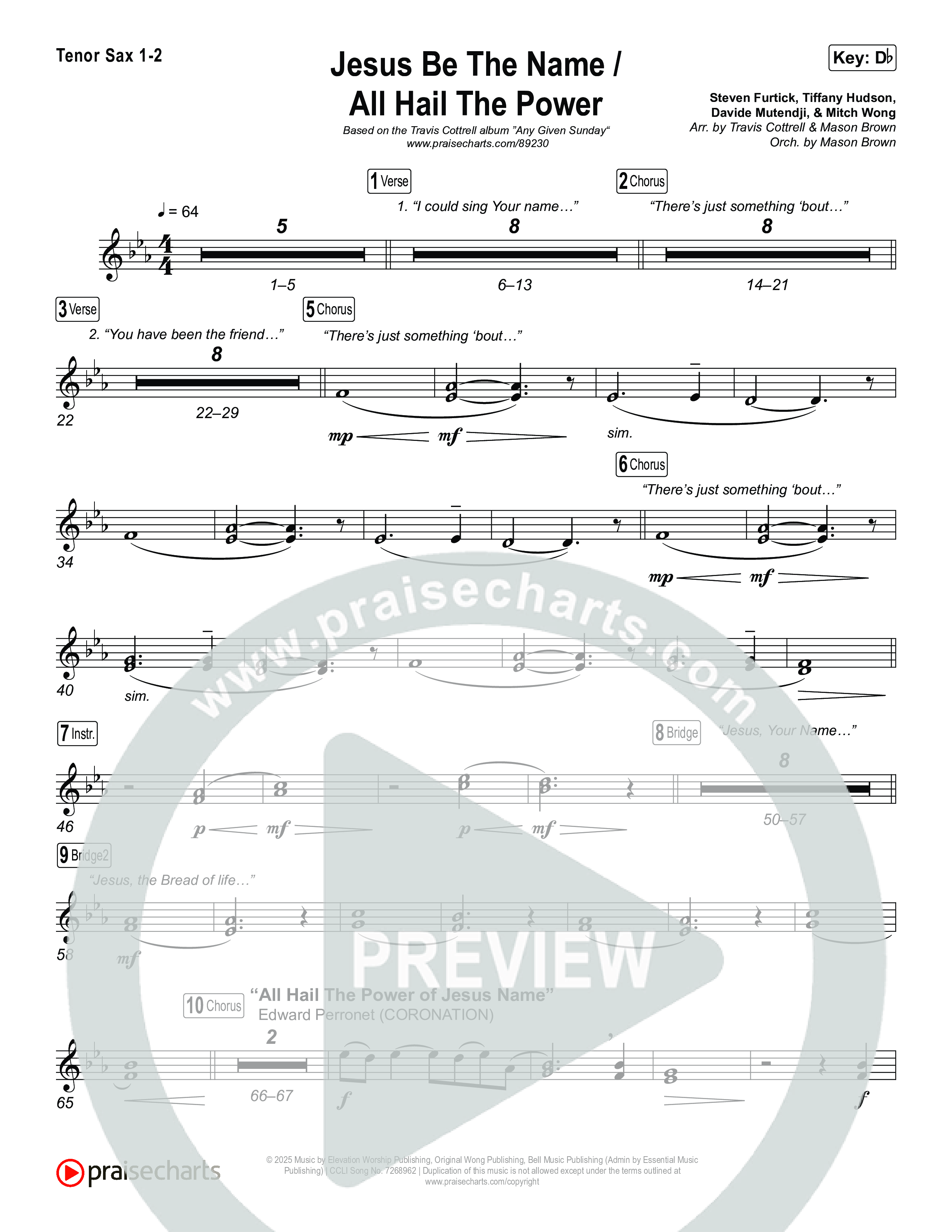 Jesus Be The Name / All Hail The Power (Choral/SATB) Tenor Sax 1,2 (Travis Cottrell / Brooke Voland / Arr. Mason Brown)